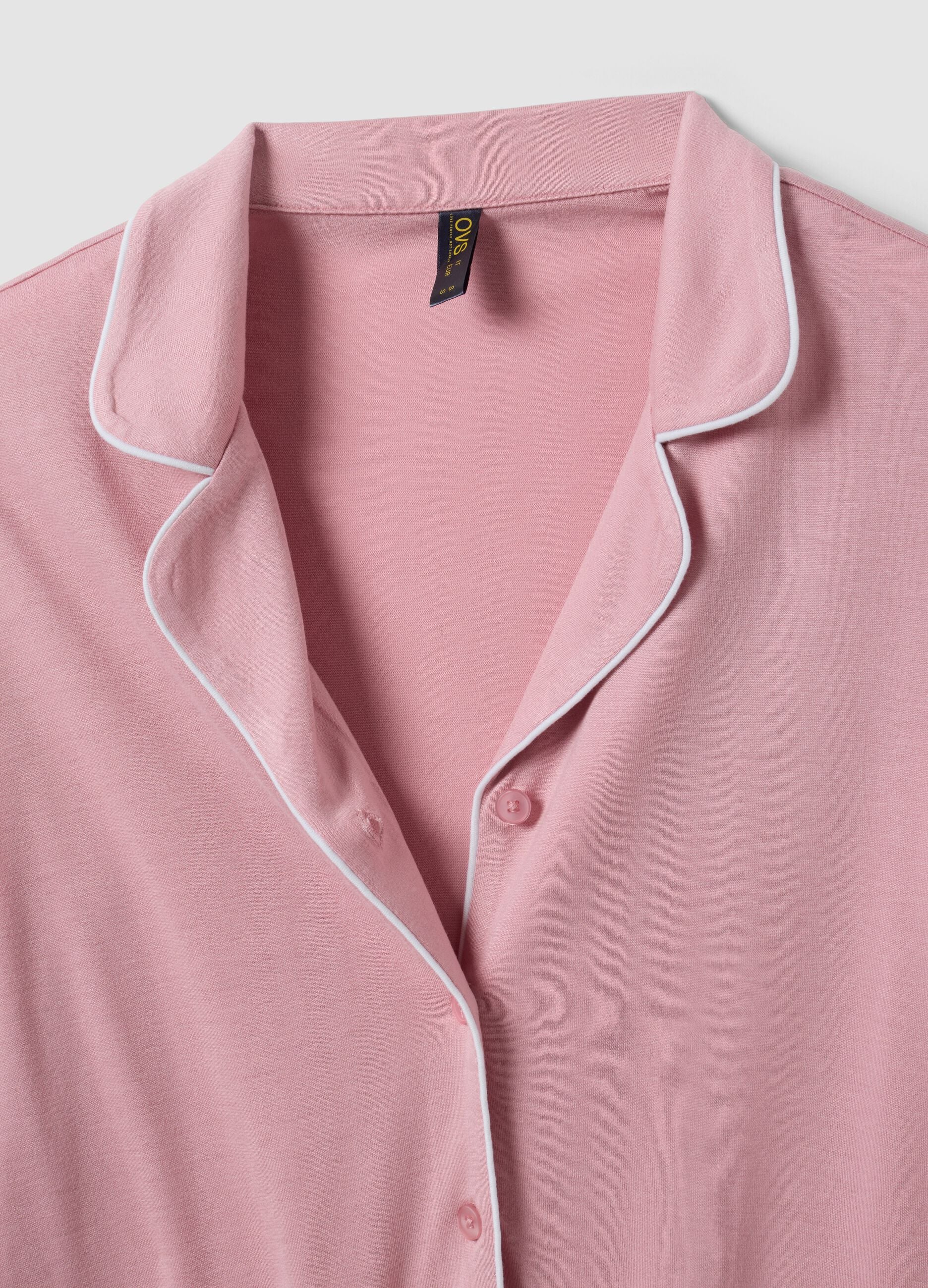 Pink pure viscose pyjamas with V-neck and contrast piping