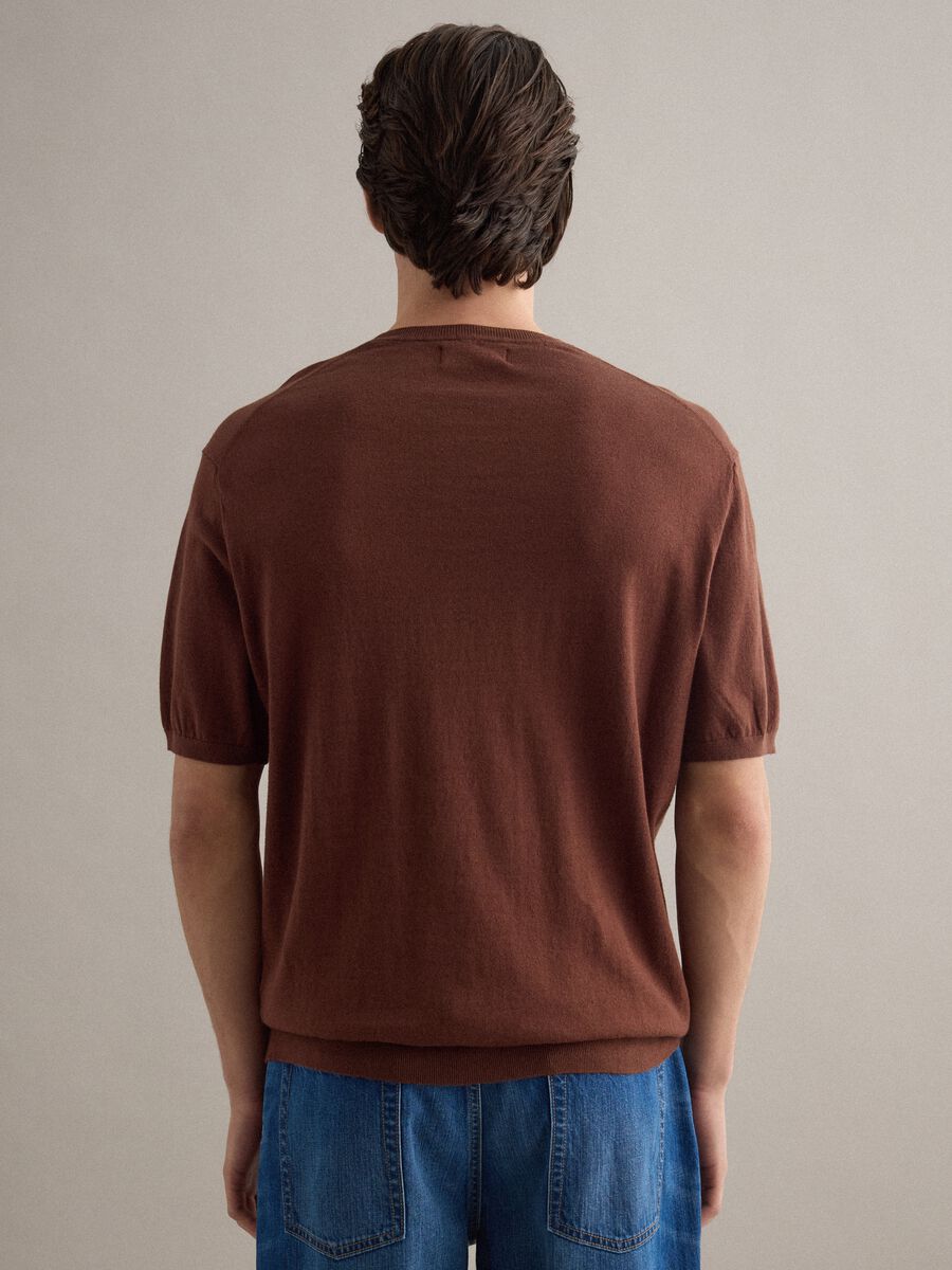 Short-sleeve brown regular fit t-shirt in cotton, linen and silk blend_3