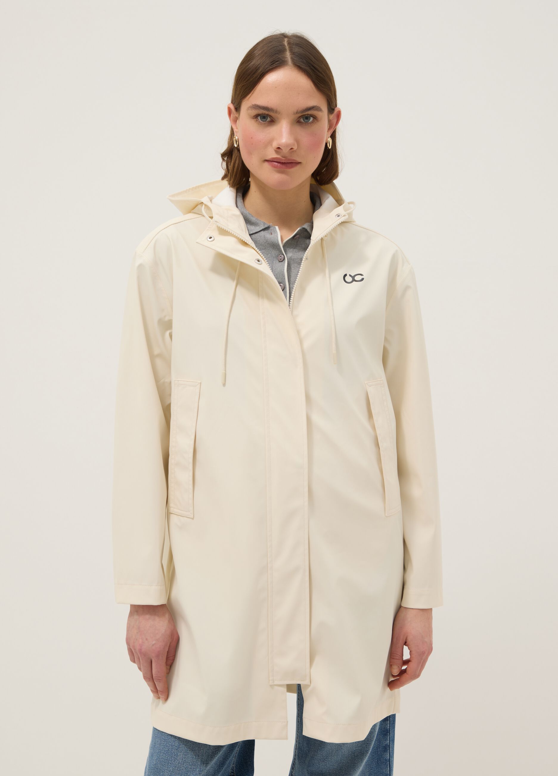 Beige waterproof jacket with hood, regular fit