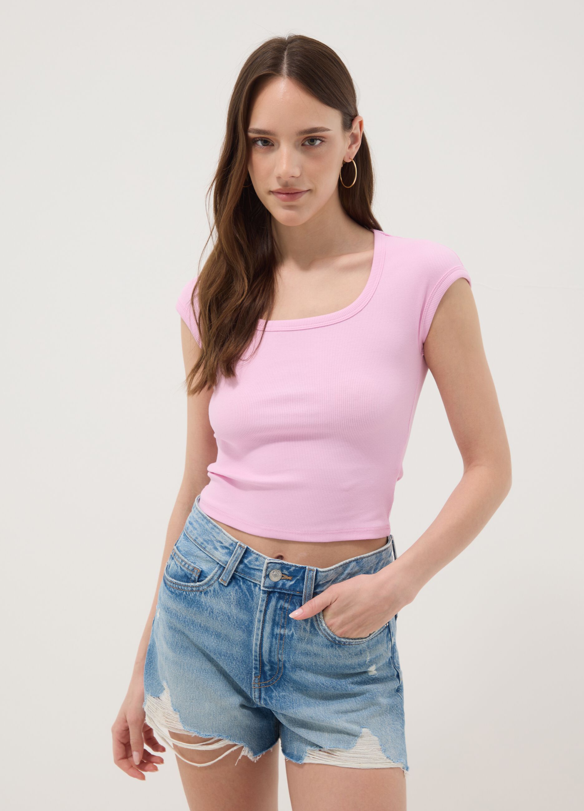 Pink stretch-cotton T-shirt