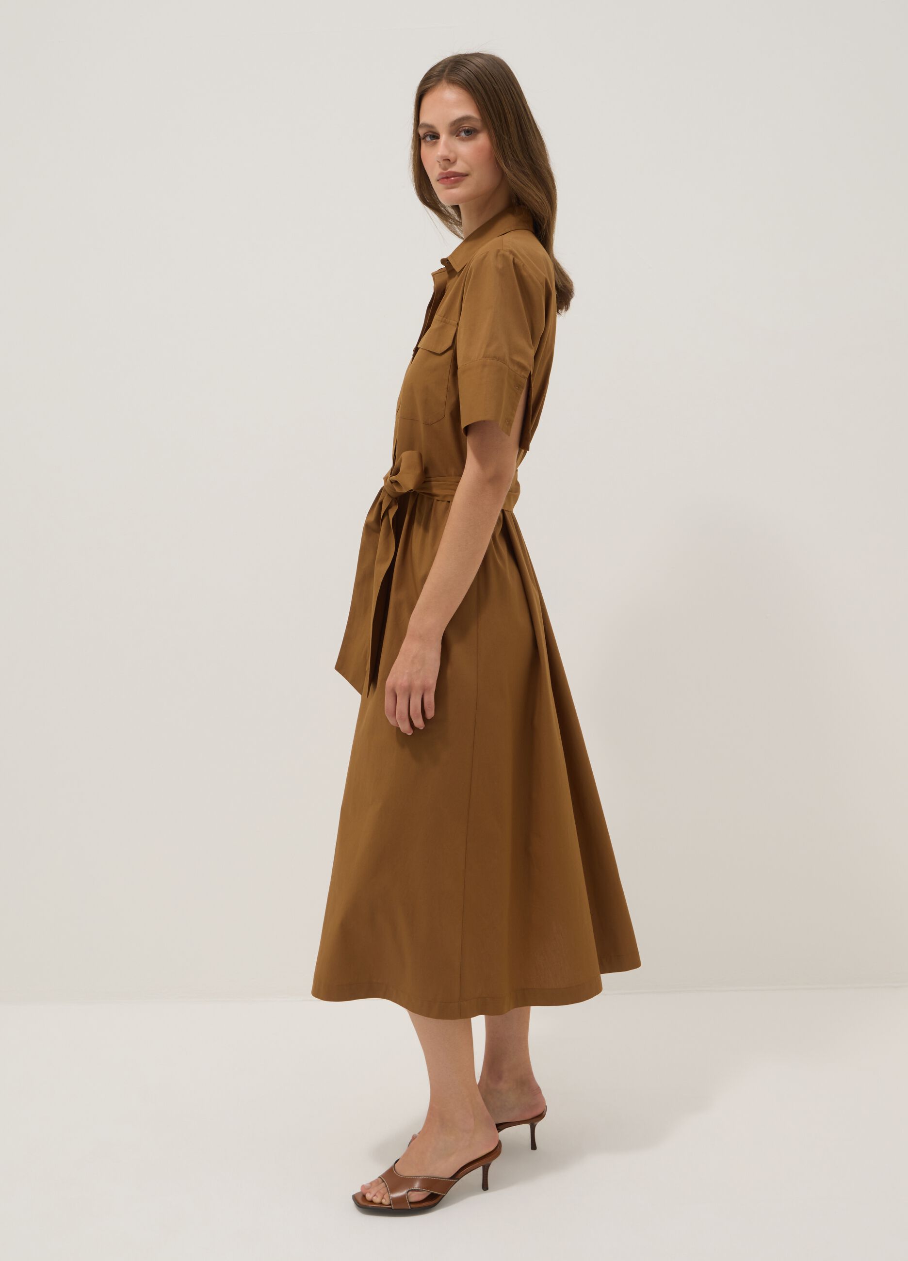 Brown pure cotton shirt dress with tie belt, regular fit