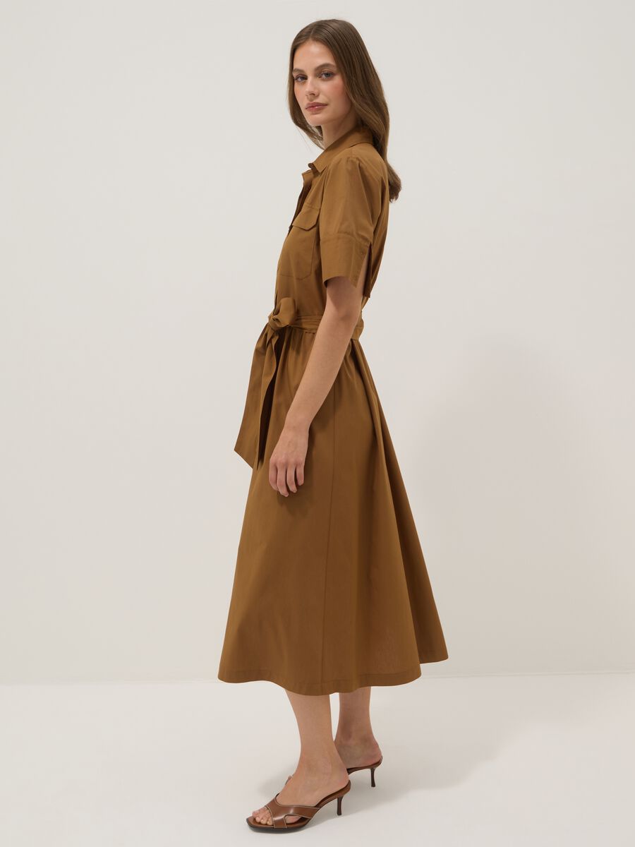 Brown pure cotton shirt dress with tie belt, regular fit_0