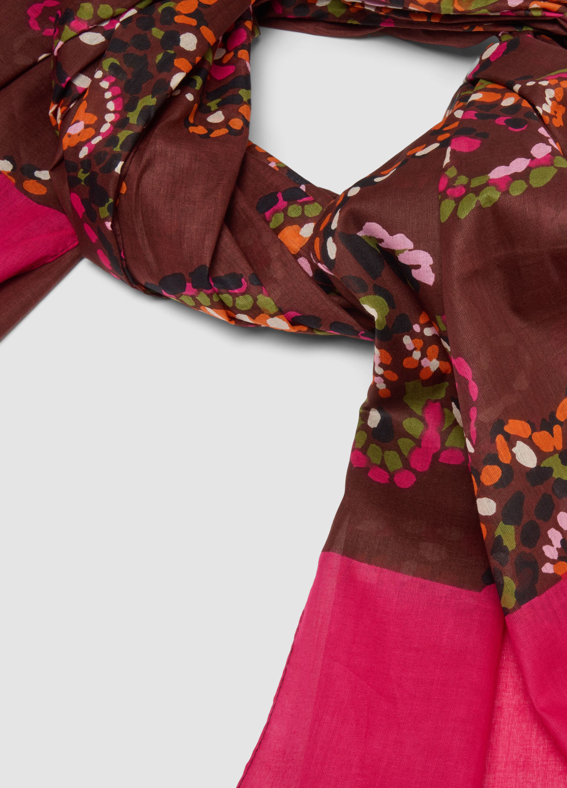 Foulard marrone e rosa in puro cotone con fantasia floreale