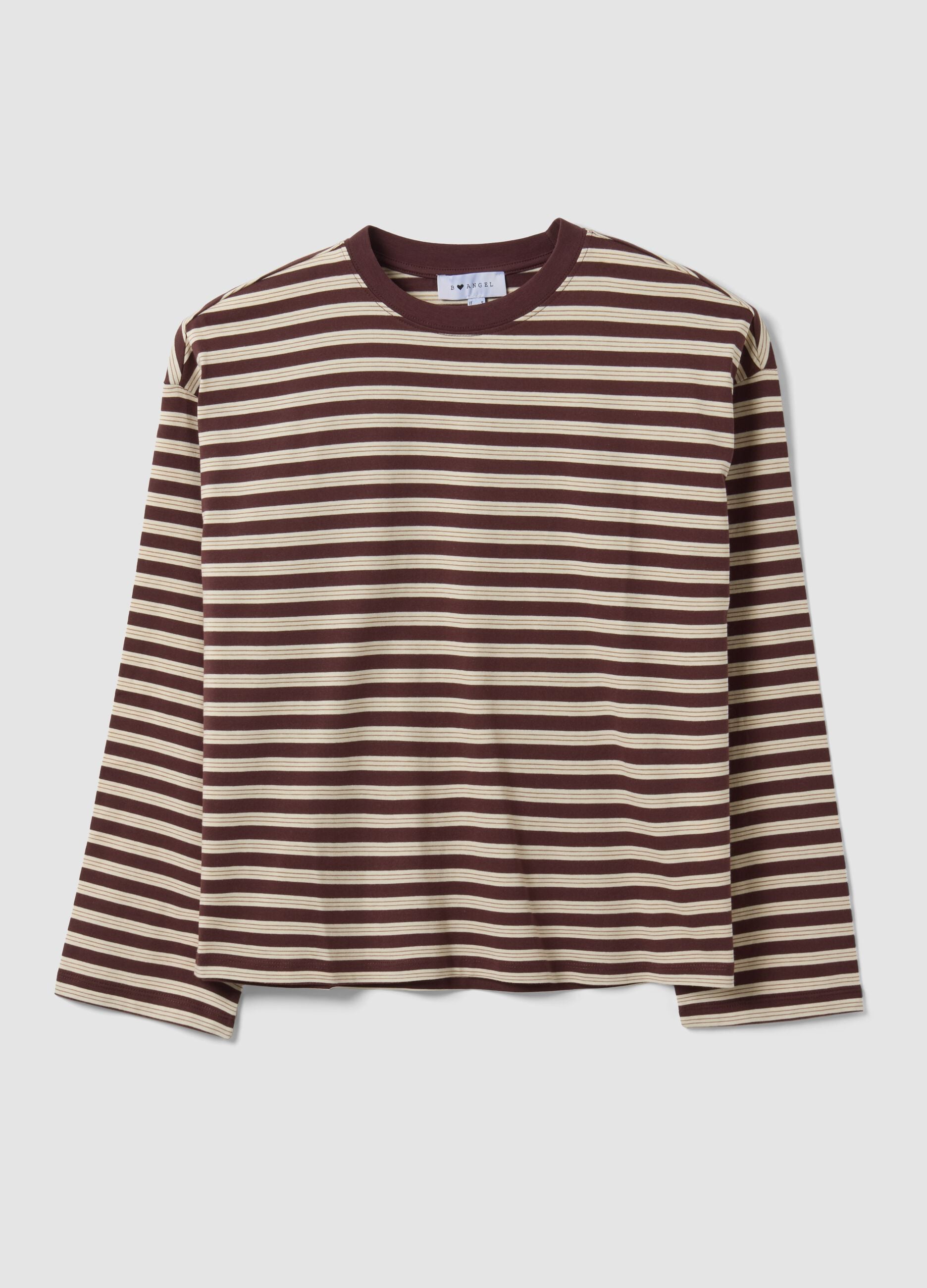 Brown striped pure cotton T-shirt with crew neck, relaxed fit