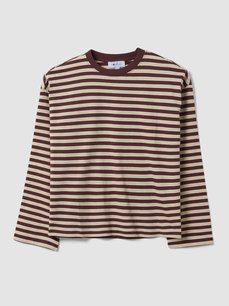 Brown striped pure cotton T-shirt with crew neck, relaxed fit_0