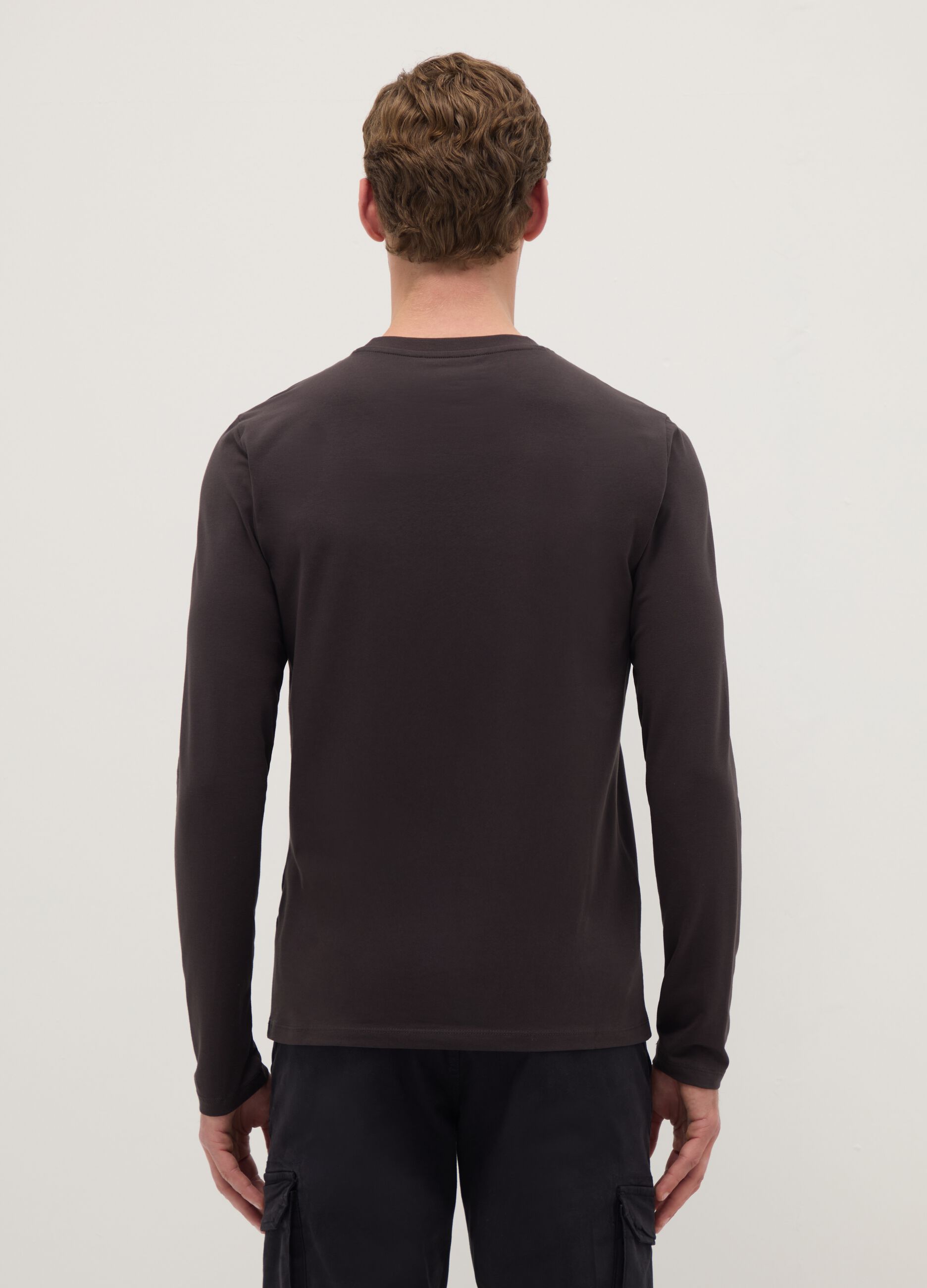 Brown long-sleeve T-shirt in stretchy cotton regular fit