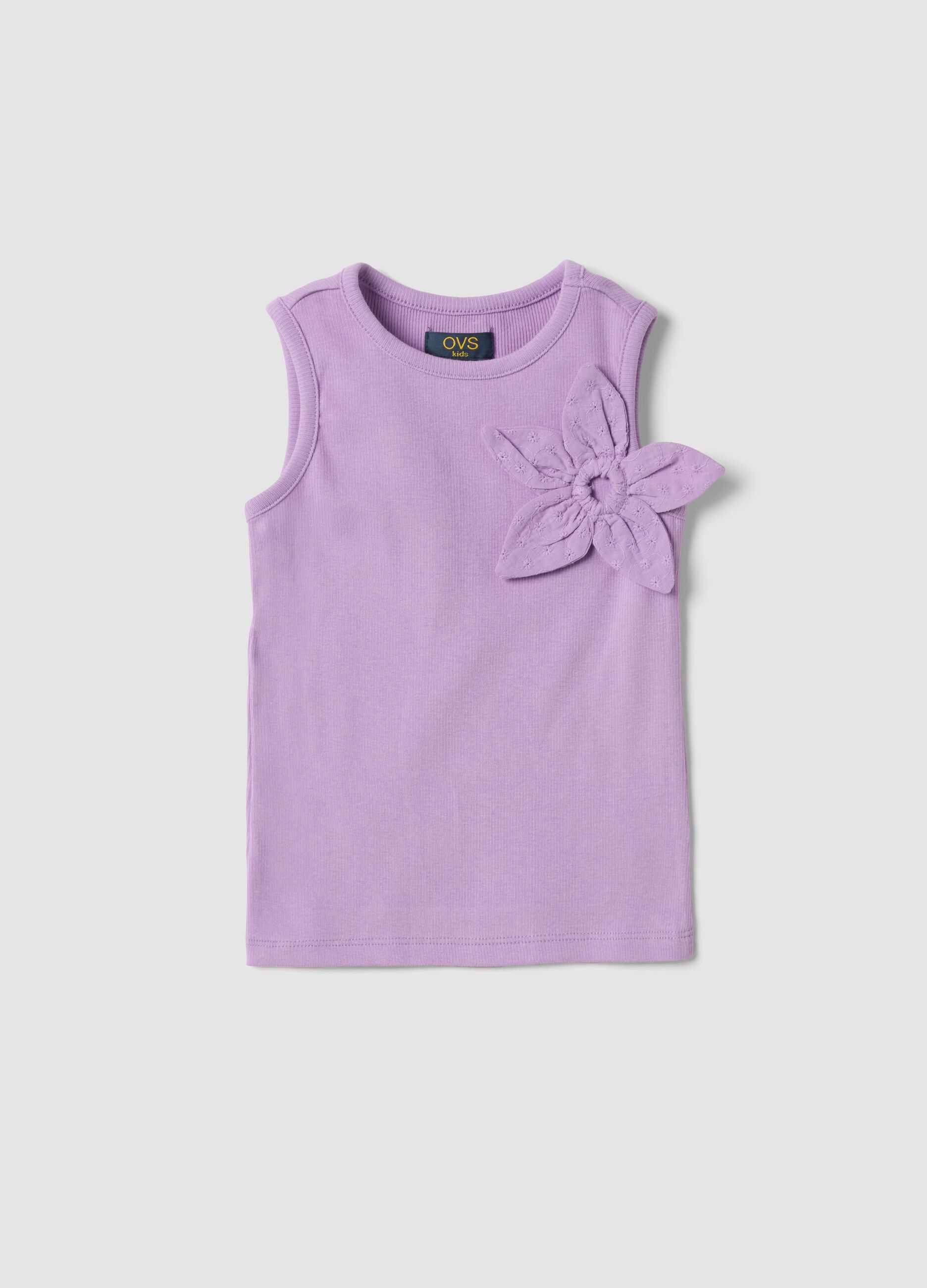 Purple fitted stretch cotton vest top with appliqu&eacute; flower for girls