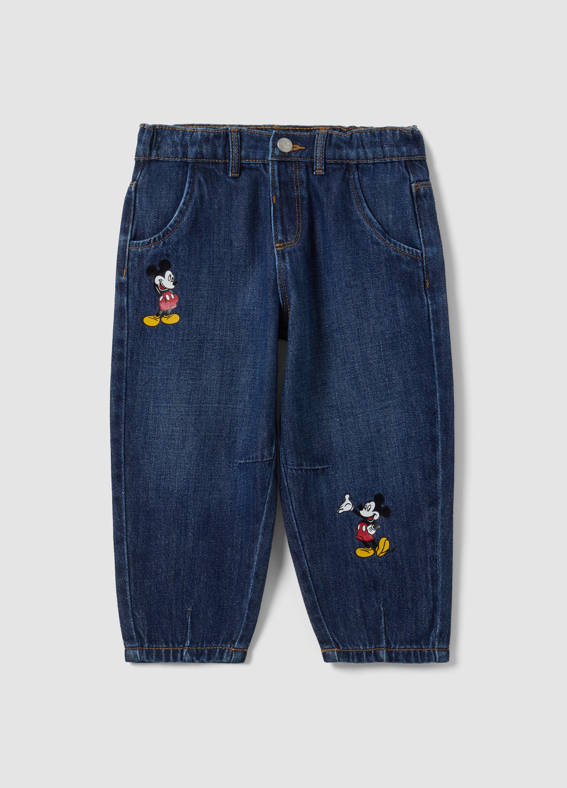 Blue cotton-viscose blend jeans with Mickey print, baggy fit for baby boy