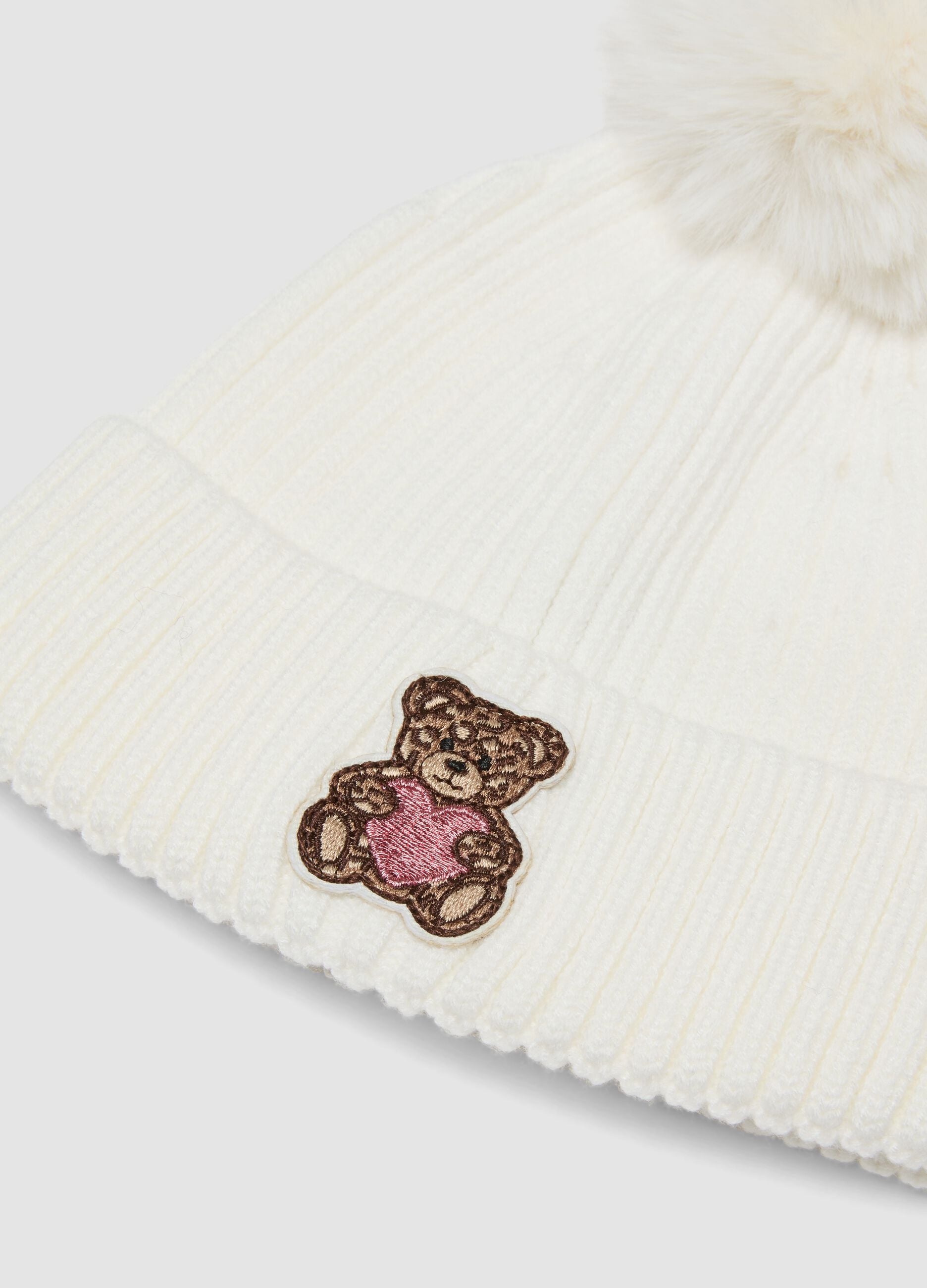 White ribbed viscose-blend beanie with pompom