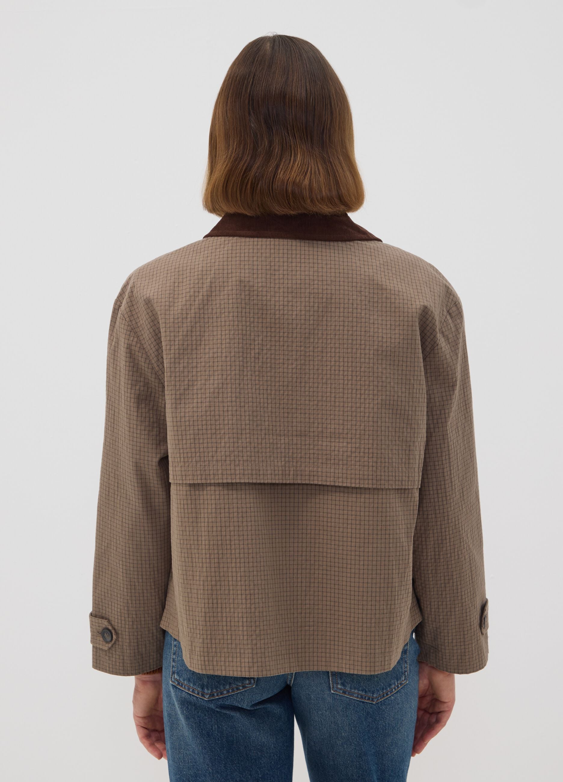 Brown cotton-blend jacket with contrast collar, regular fit