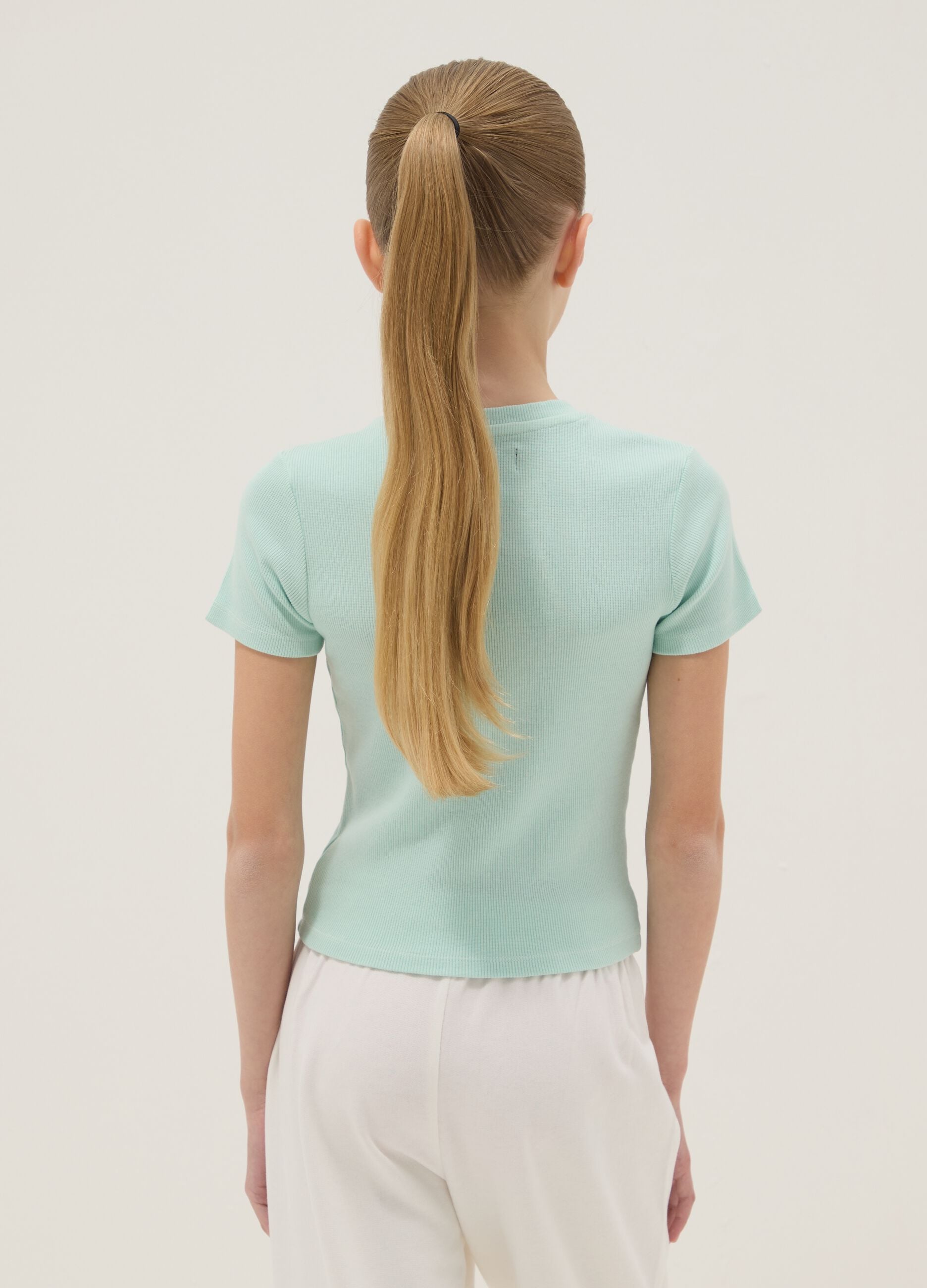 Blue fitted cotton stretch T-shirt for girls with embroidery