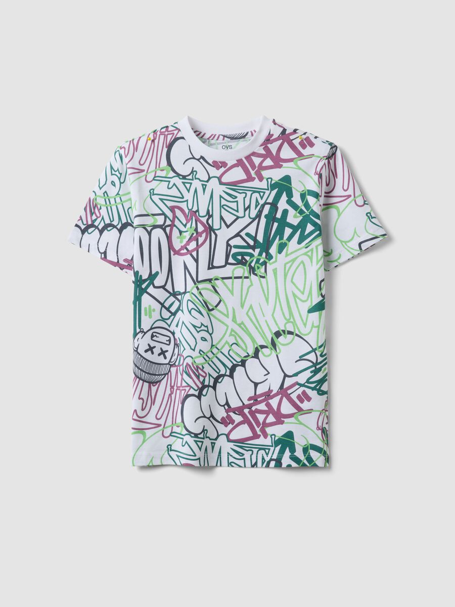 T-shirt multicolor in puro cotone con graffiti da ragazzo regular fit_3