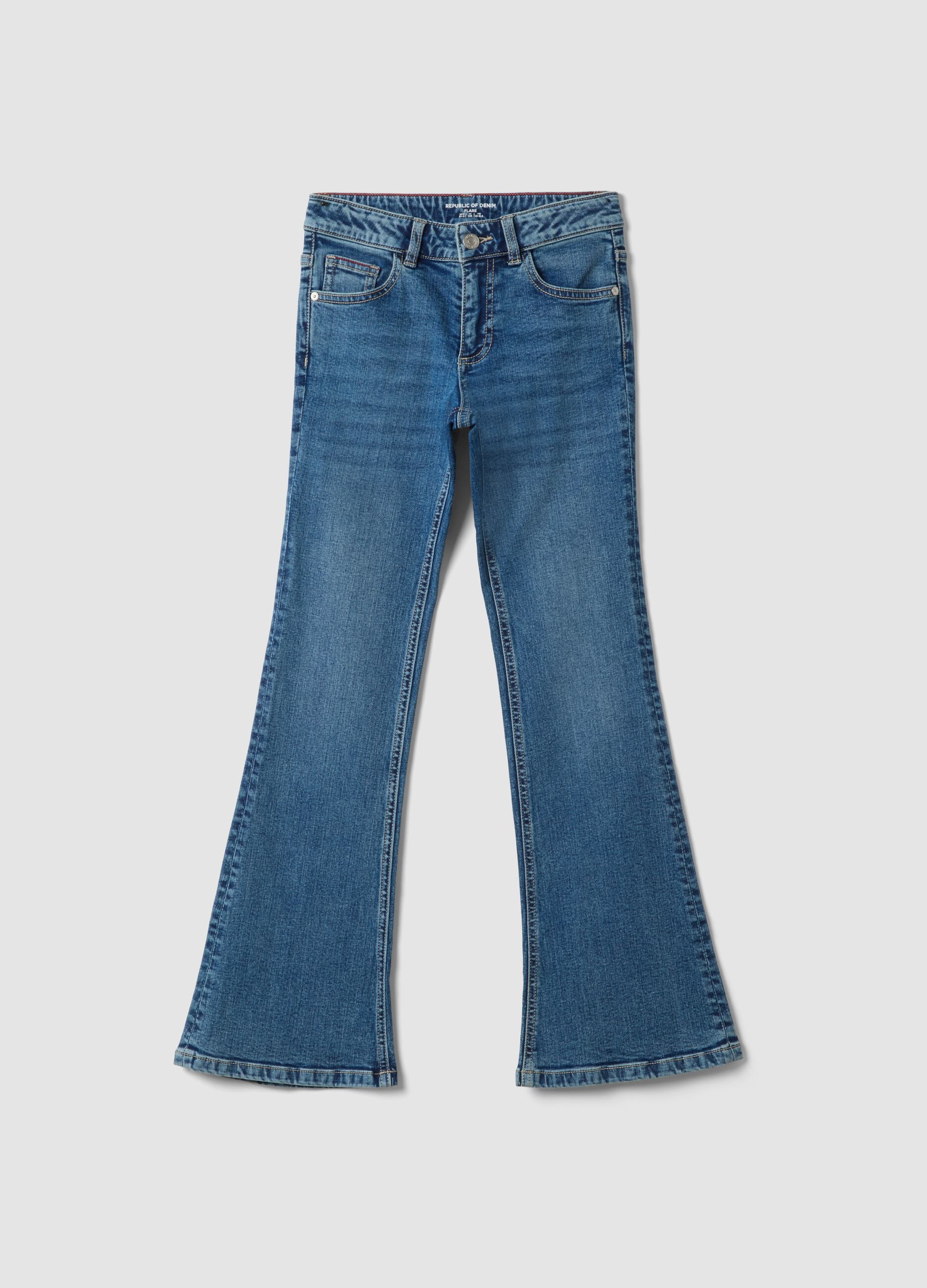 Girls&rsquo; blue flared stretch-cotton jeans
