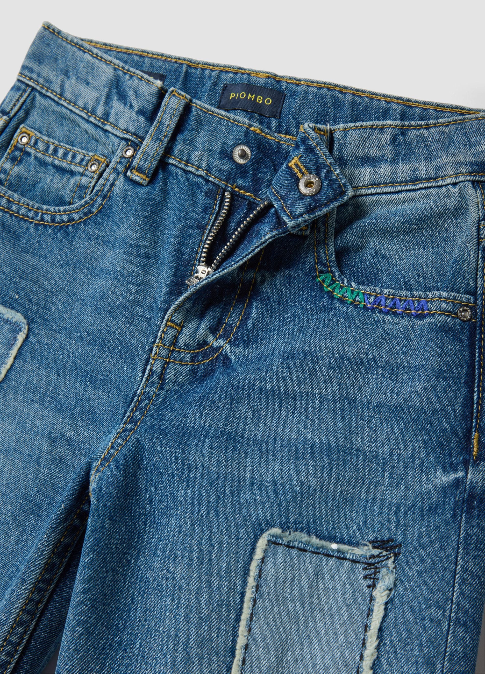 Blue pure cotton denim jeans, straight fit with patches for boys