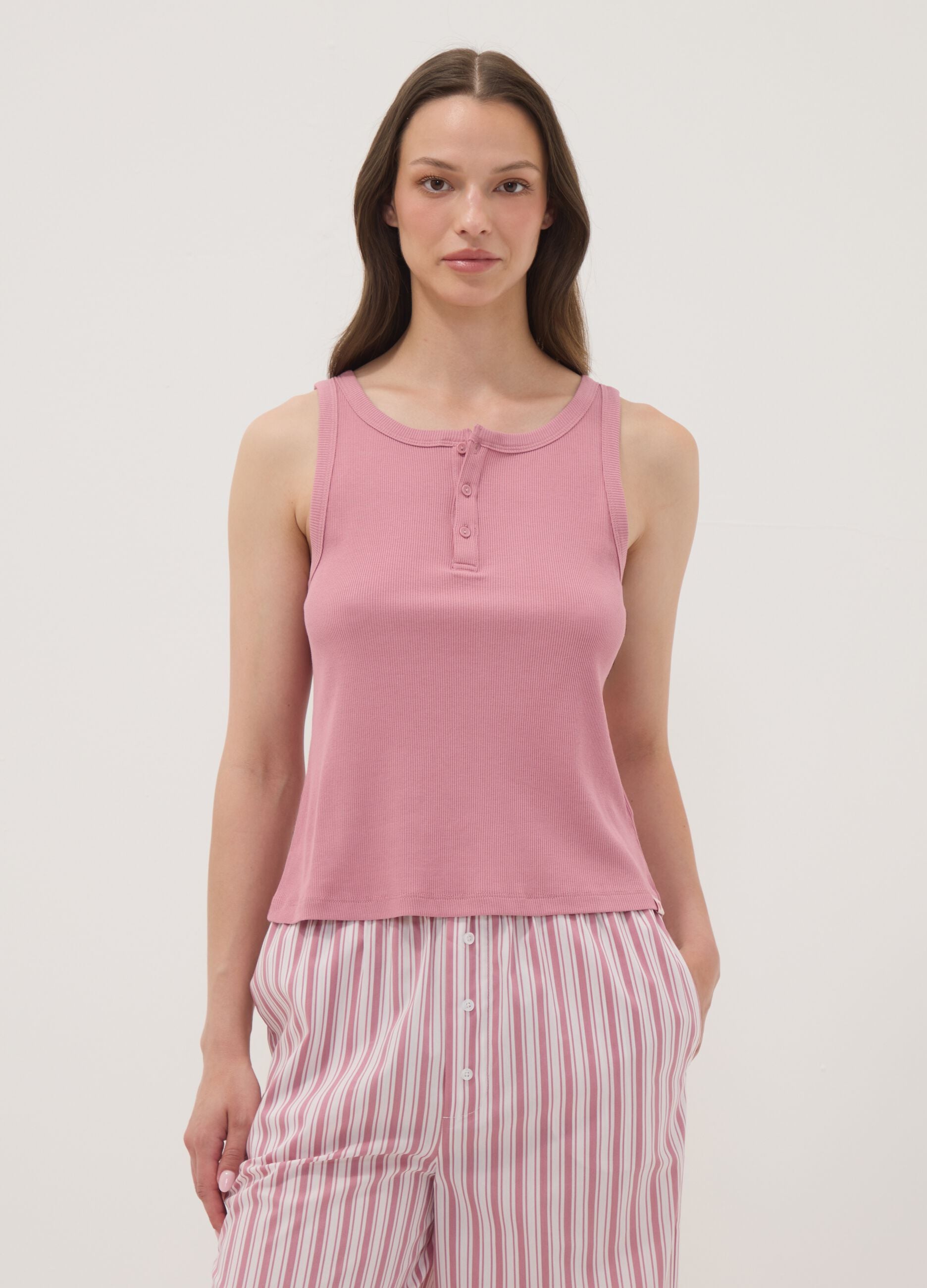 Pink ribbed cotton and viscose blend henley vest