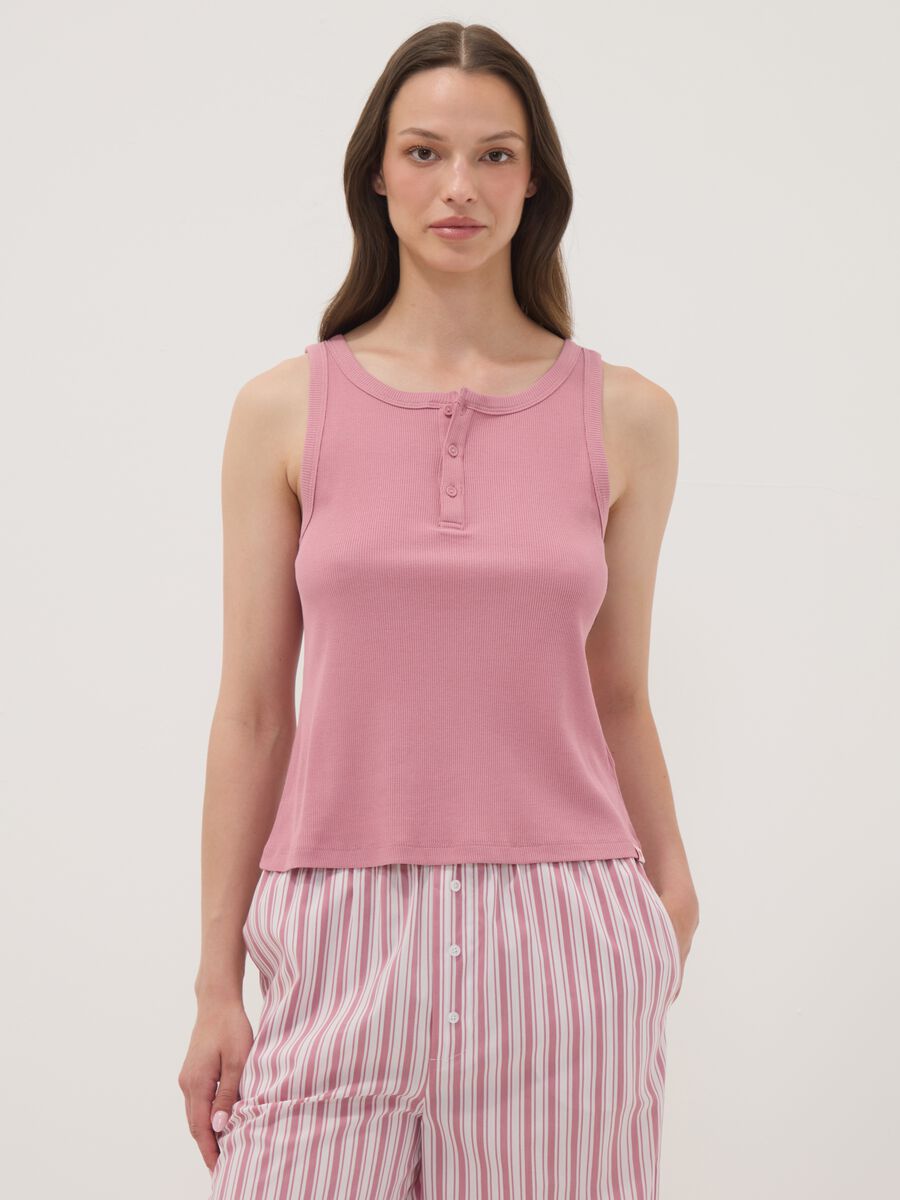 Pink ribbed cotton and viscose blend henley vest_0