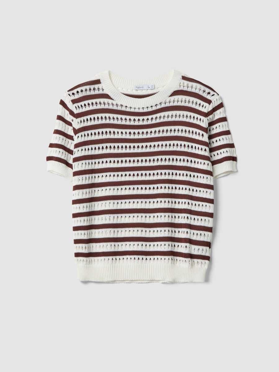 White and brown striped open-knit viscose-blend T-shirt, regular fit_4