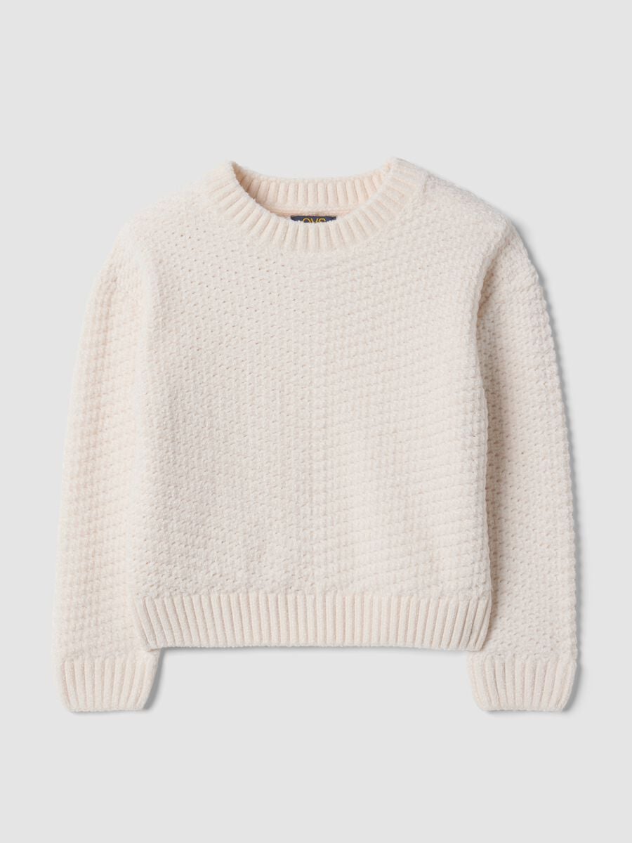 White long-sleeved crew-neck knit top_0