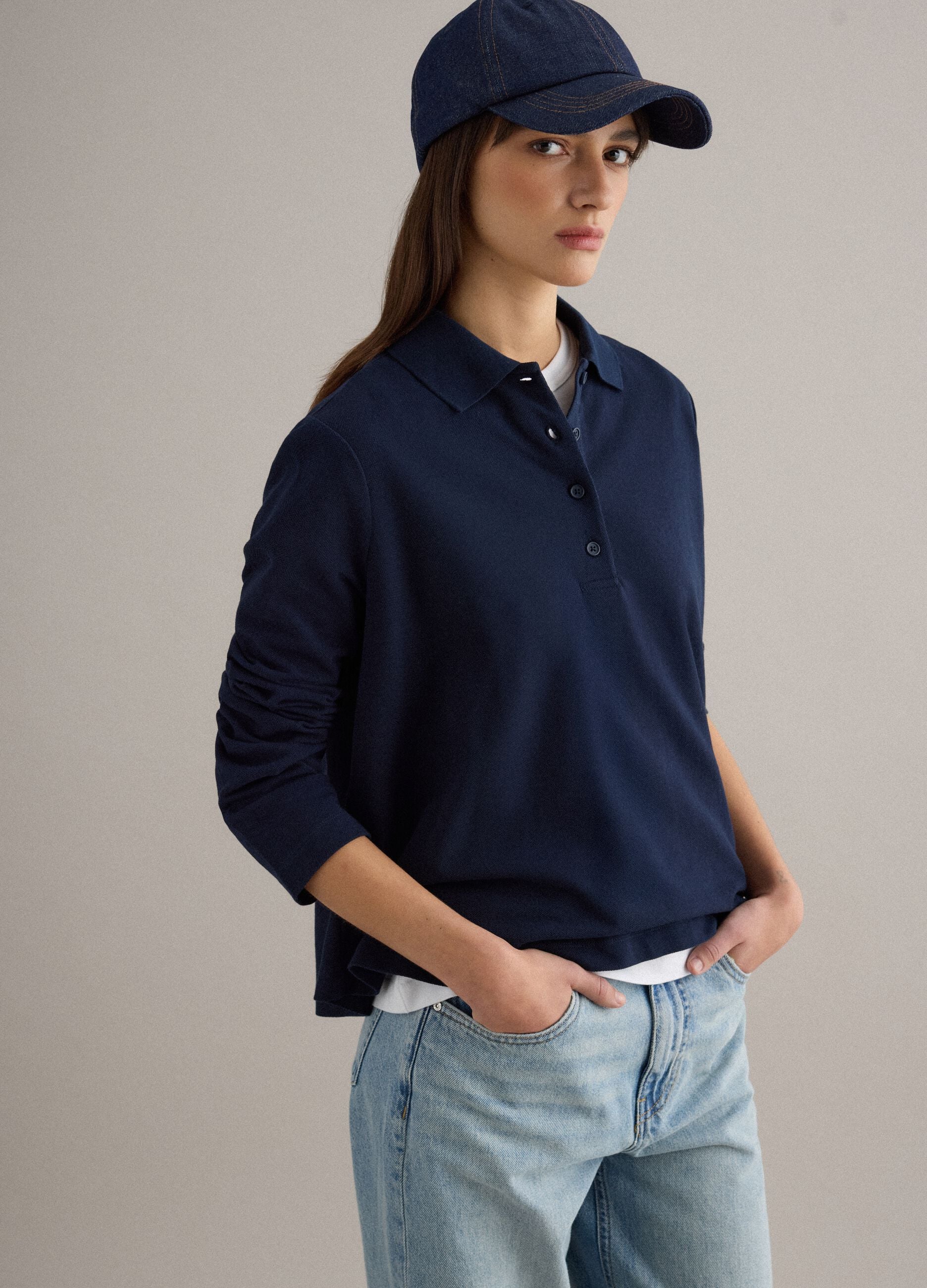 Long-sleeve blue polo shirt in pure cotton regular fit