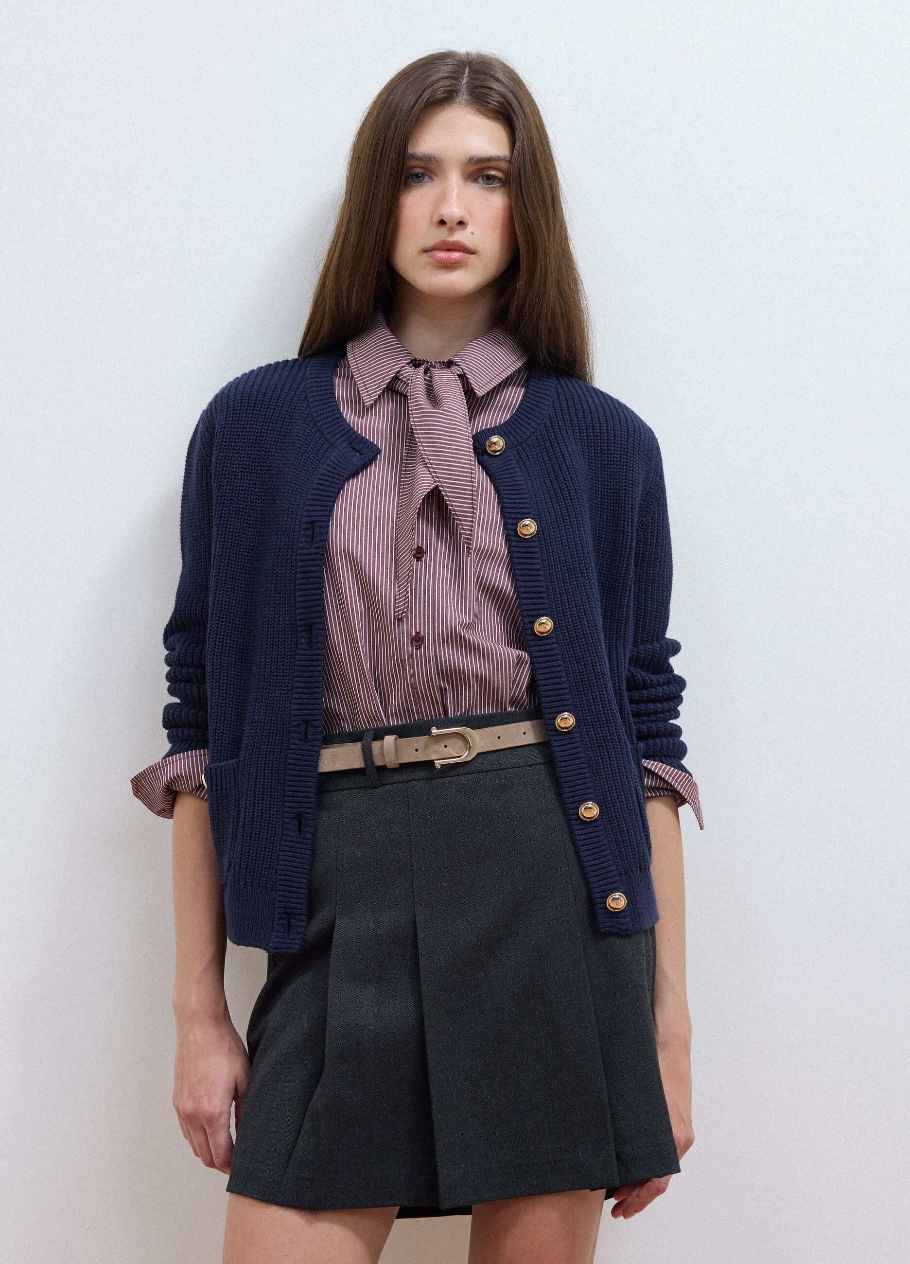 Blue pure cotton crew-neck knit cardigan