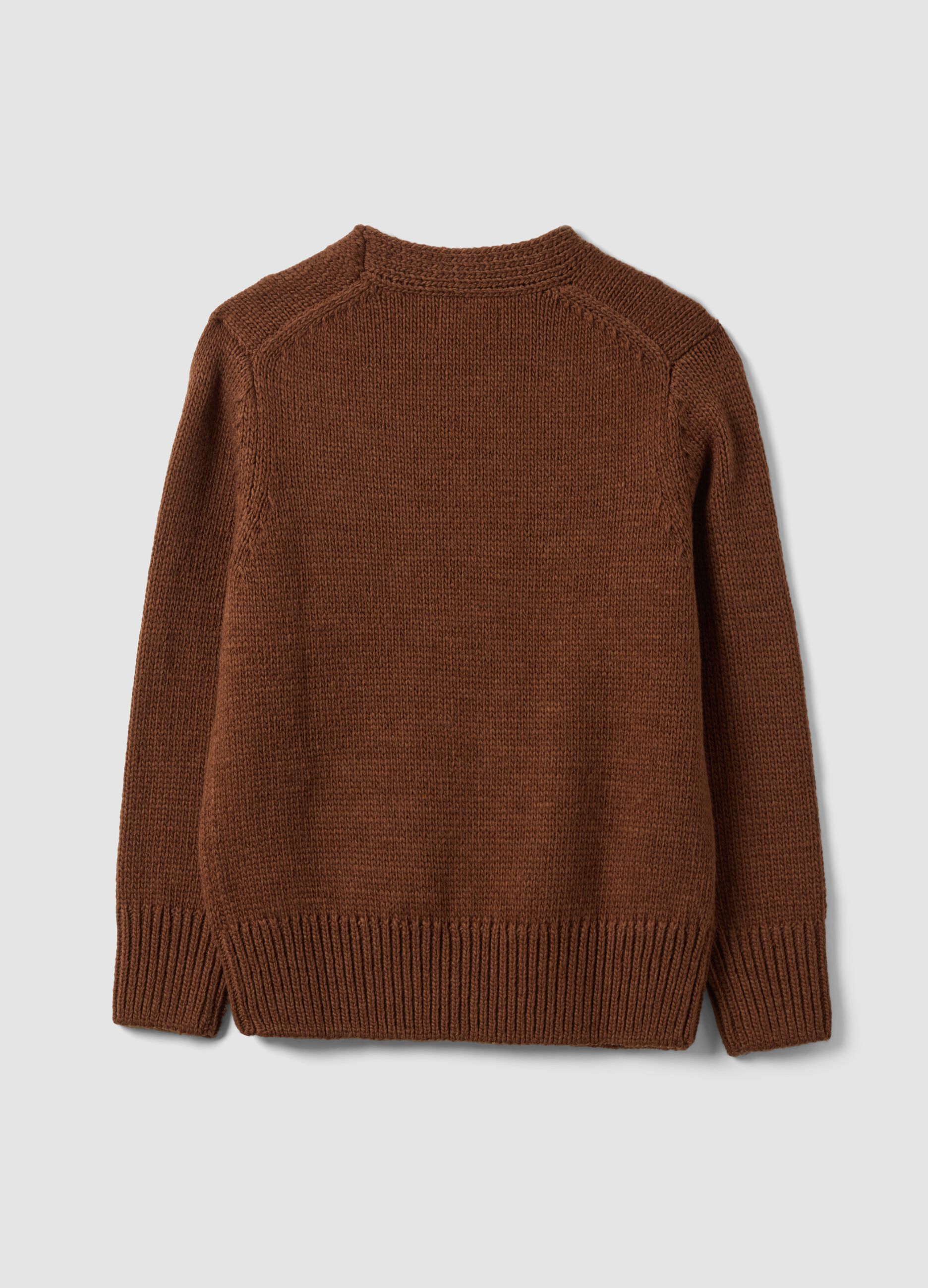 Brown wool-blend argyle crew-neck cardigan in an oversized fit