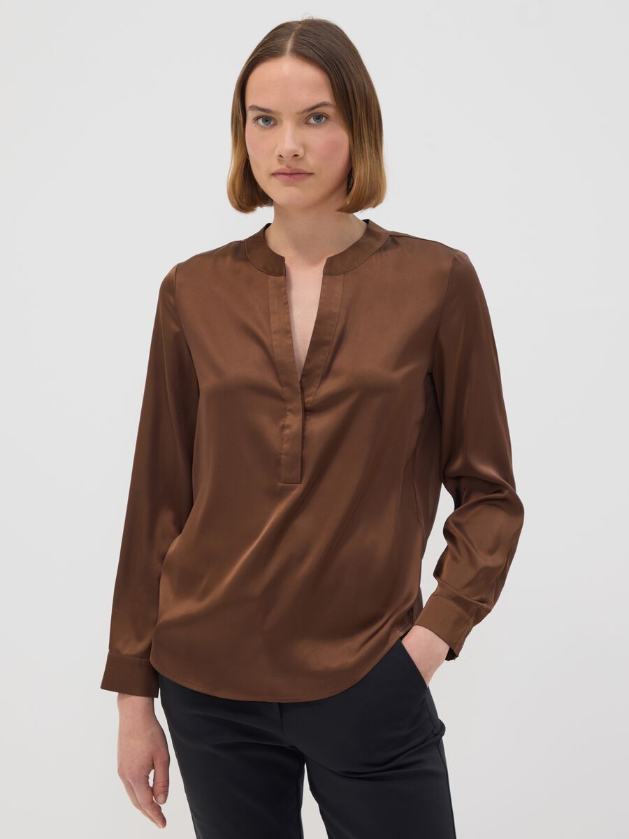 Brown stretch-fabric shirt with mandarin collar_0