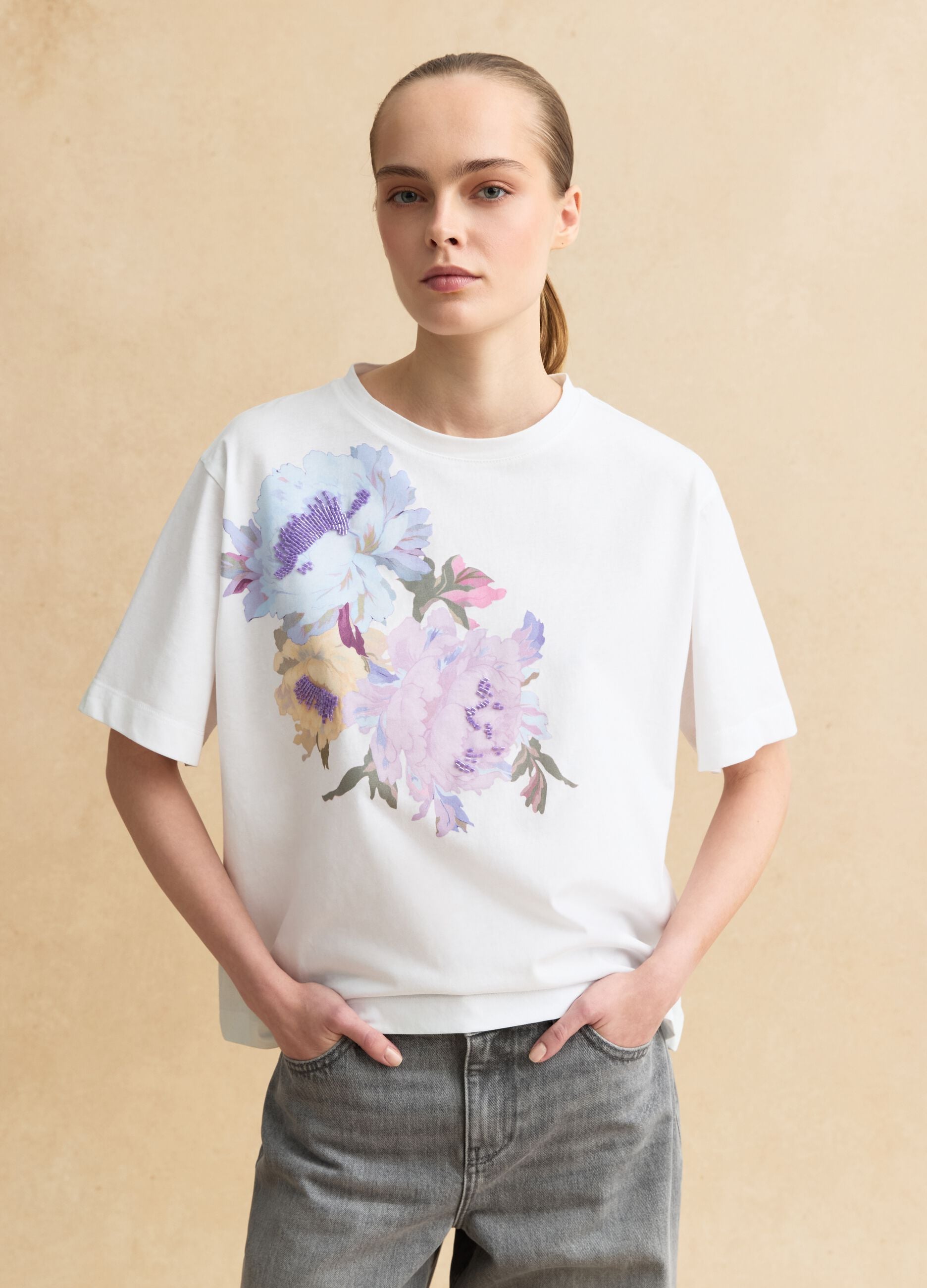 Multicolour pure cotton regular fit T-shirt with floral print