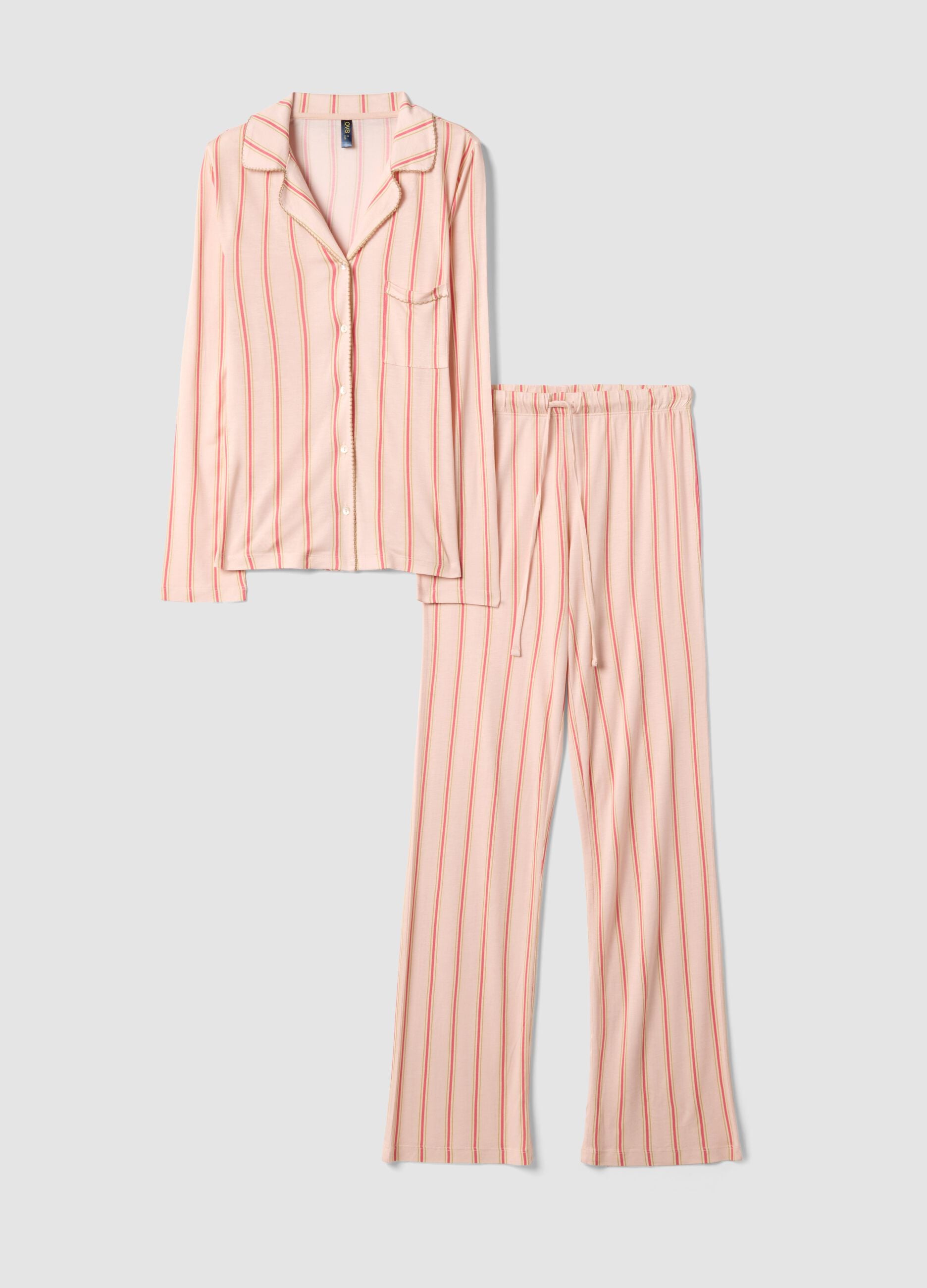 Striped pink pure viscose pyjamas, regular fit with V-neck