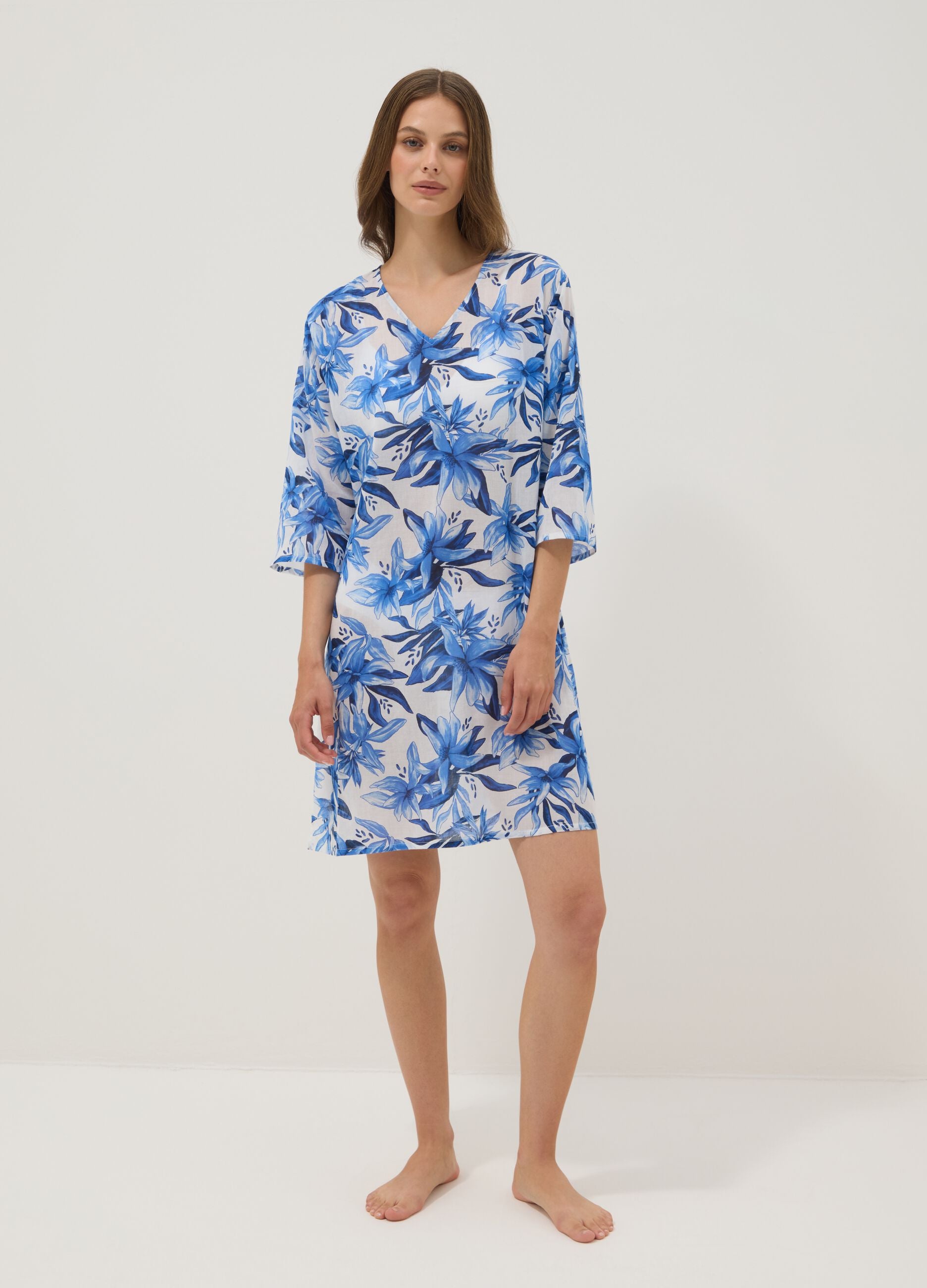 Multicoloured pure cotton kaftan with floral print