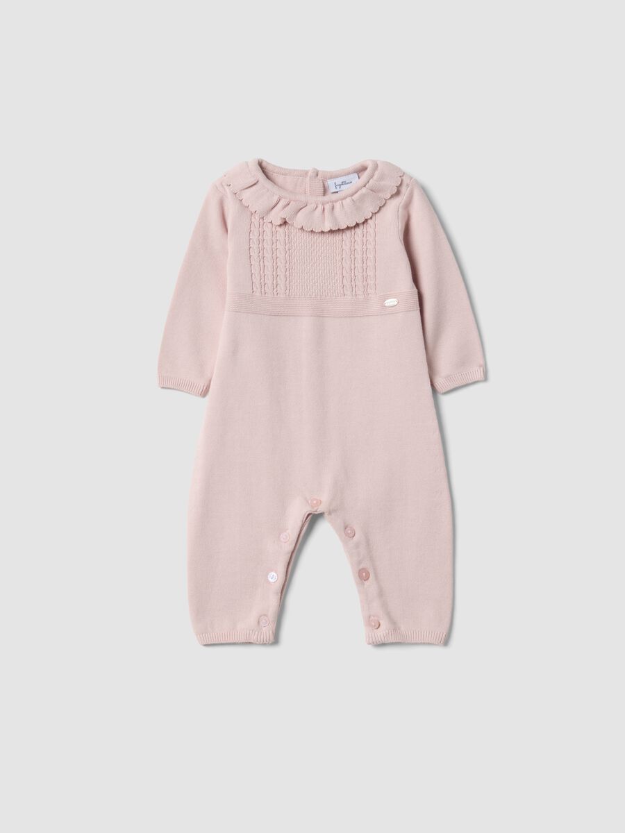 Pink pure organic cotton baby girl sleepsuit with ruffle collar_0