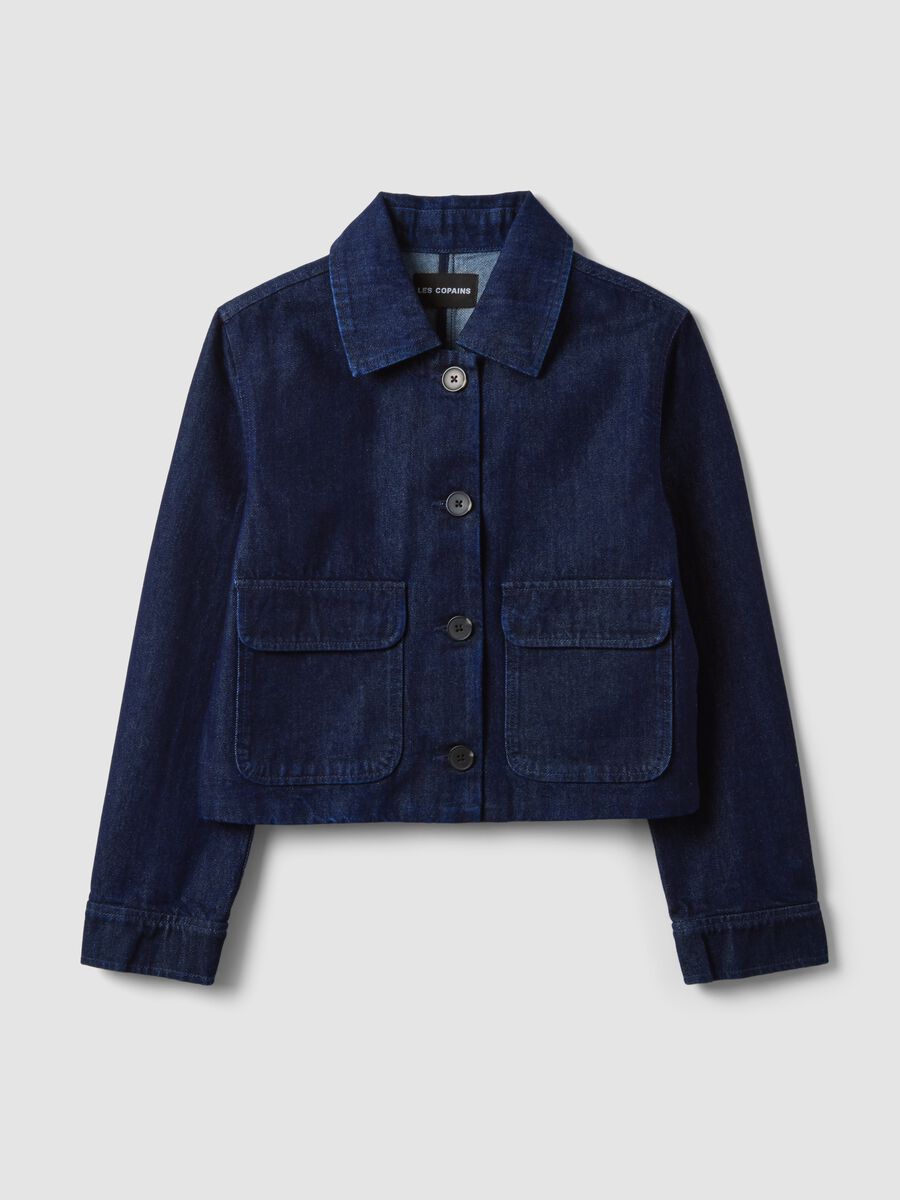 Blue cropped pure cotton denim jacket, regular fit_4