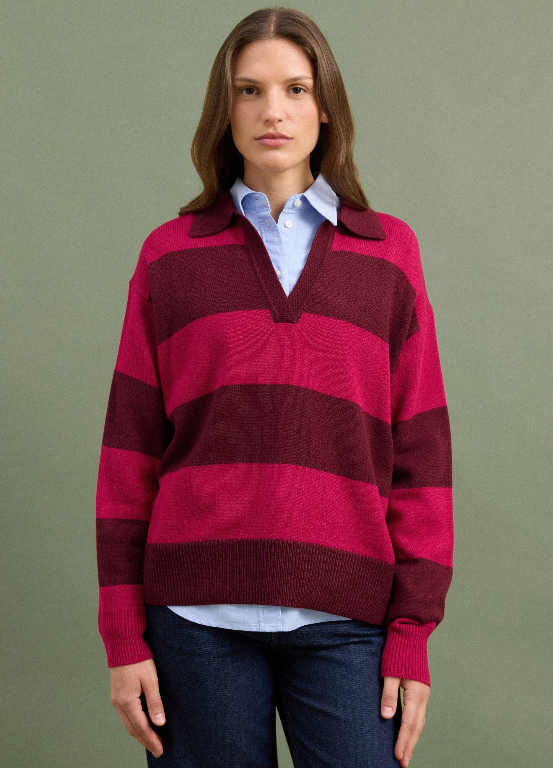 Red striped wool-blend polo collar jumper