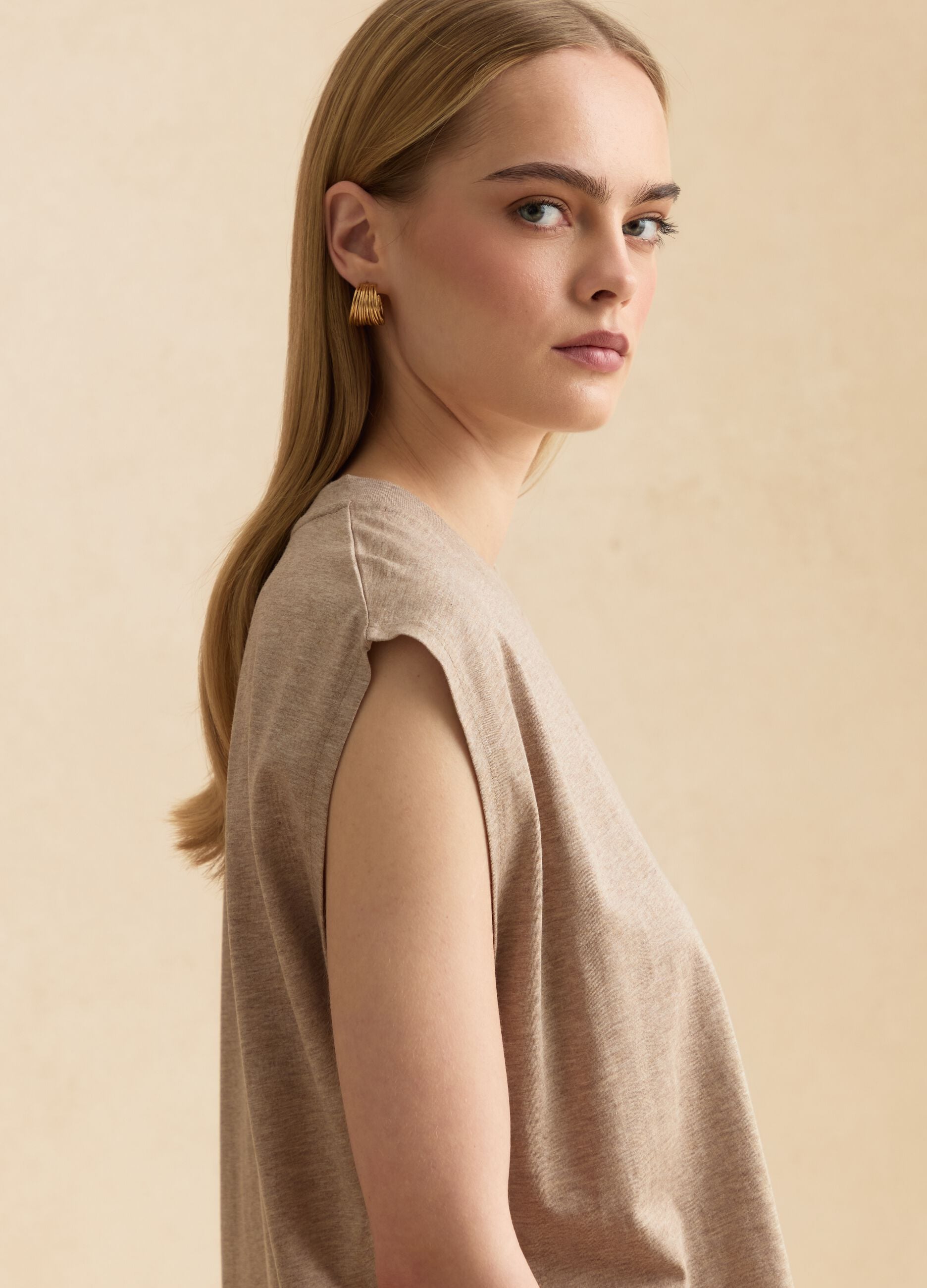 Beige regular-fit lyocell and cotton blend T-shirt with wide sleeves