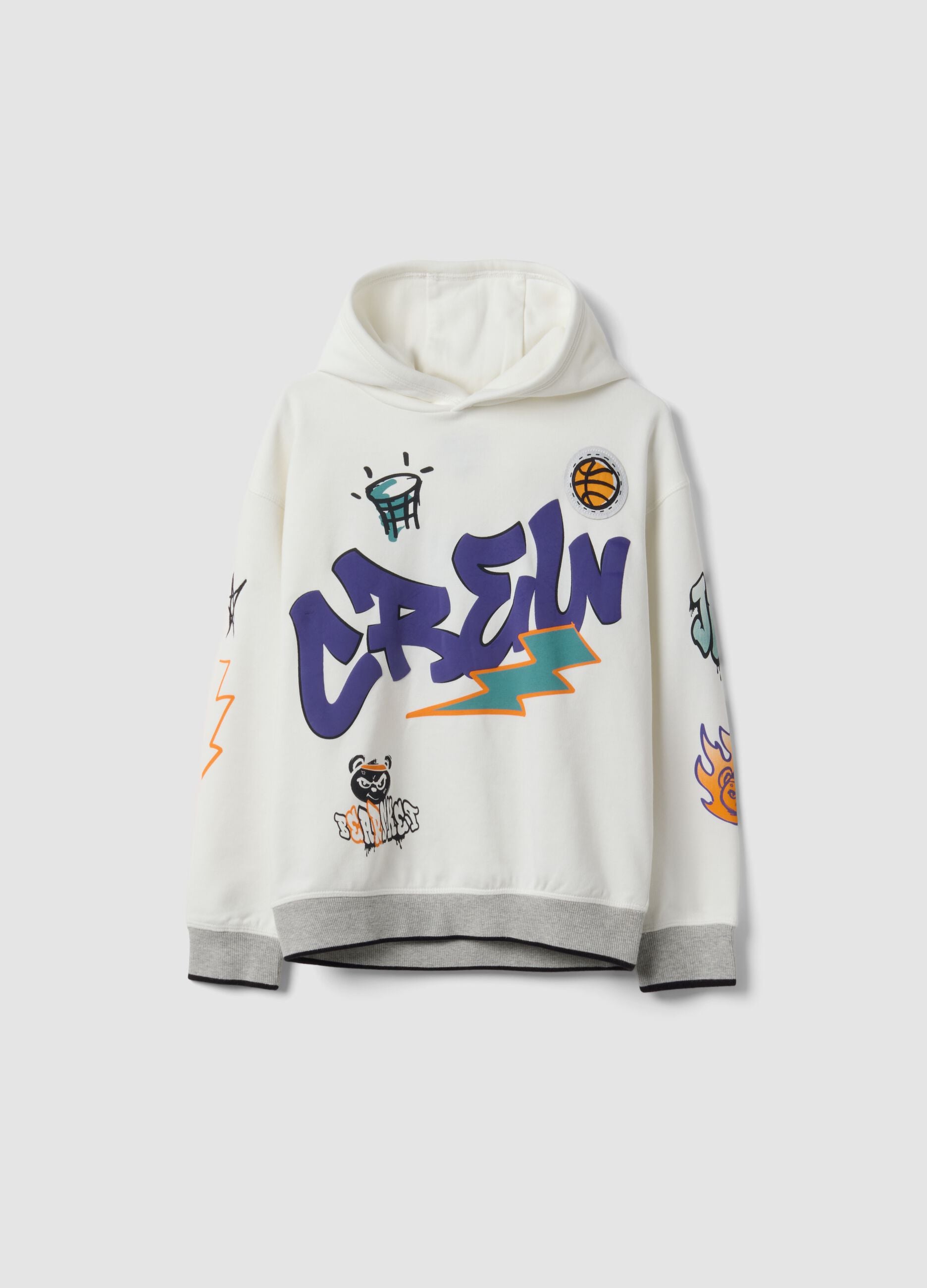 White cotton-blend hoodie with graffiti oversized fit for boys