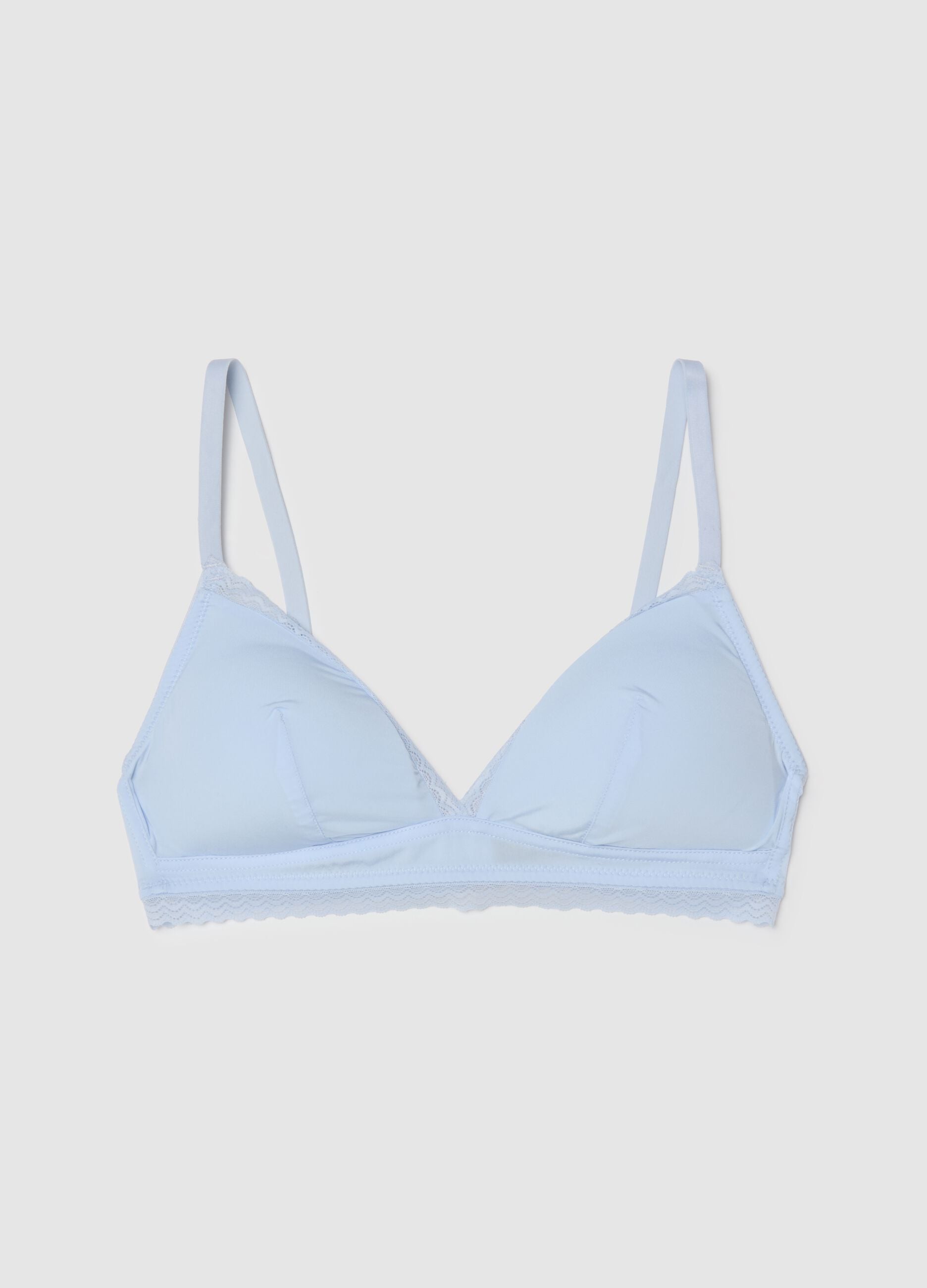 Blue triangle bra with lace and thin straps