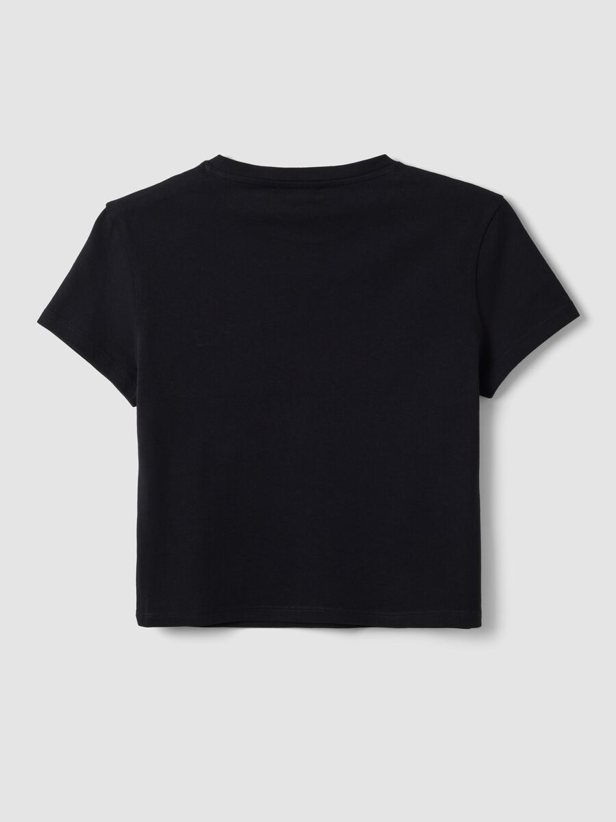 Black pure cotton cropped T-shirt with crew neck and print_1