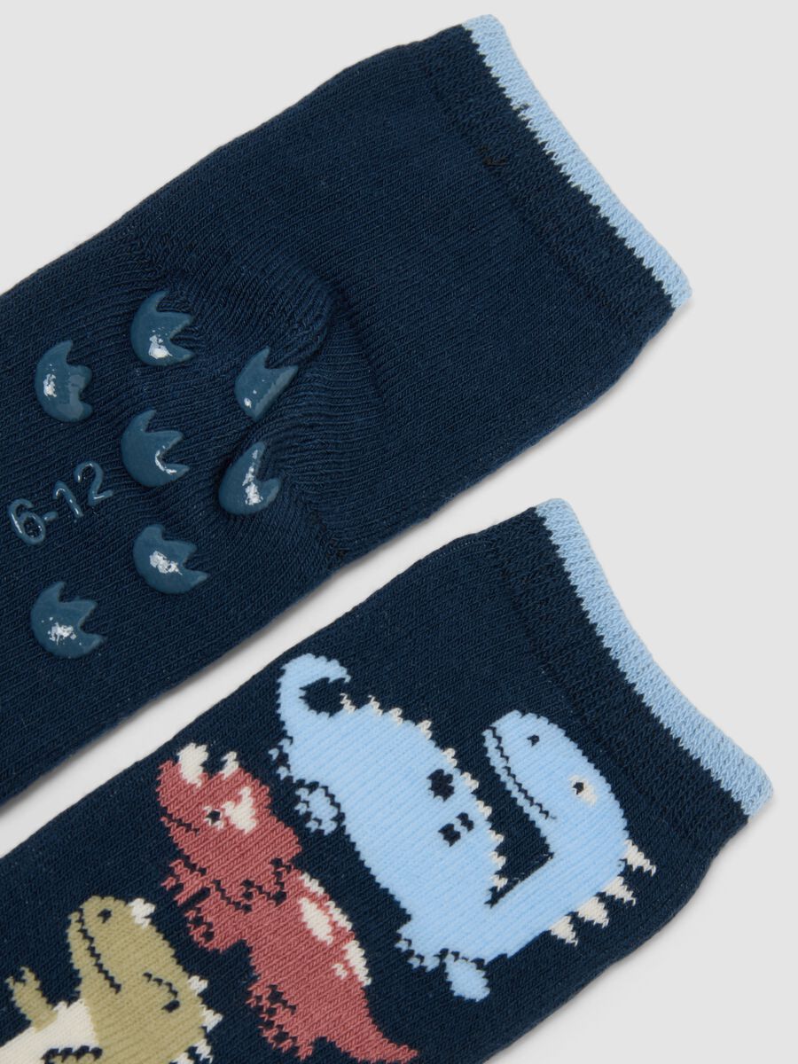 2-pack of blue non-slip socks in organic stretch cotton with dinosaur print_1
