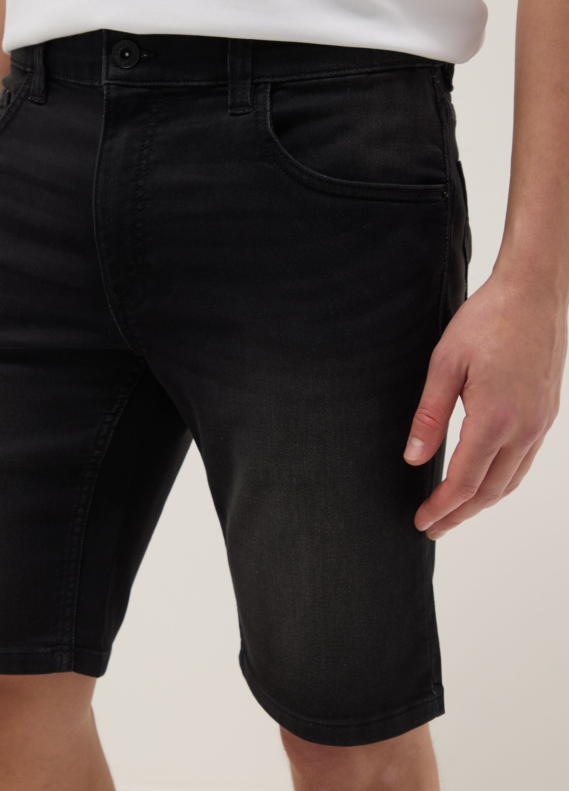 Slim fit black stretch denim cotton blend shorts