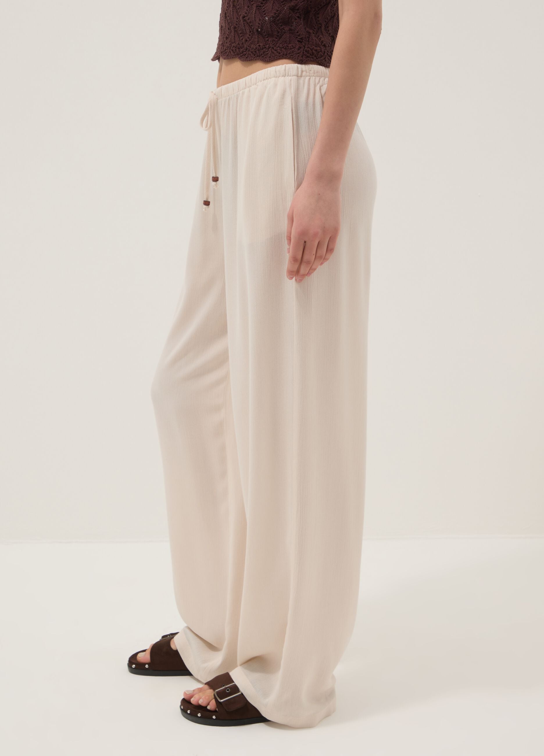 White pure viscose trousers with drawstring, relaxed fit
