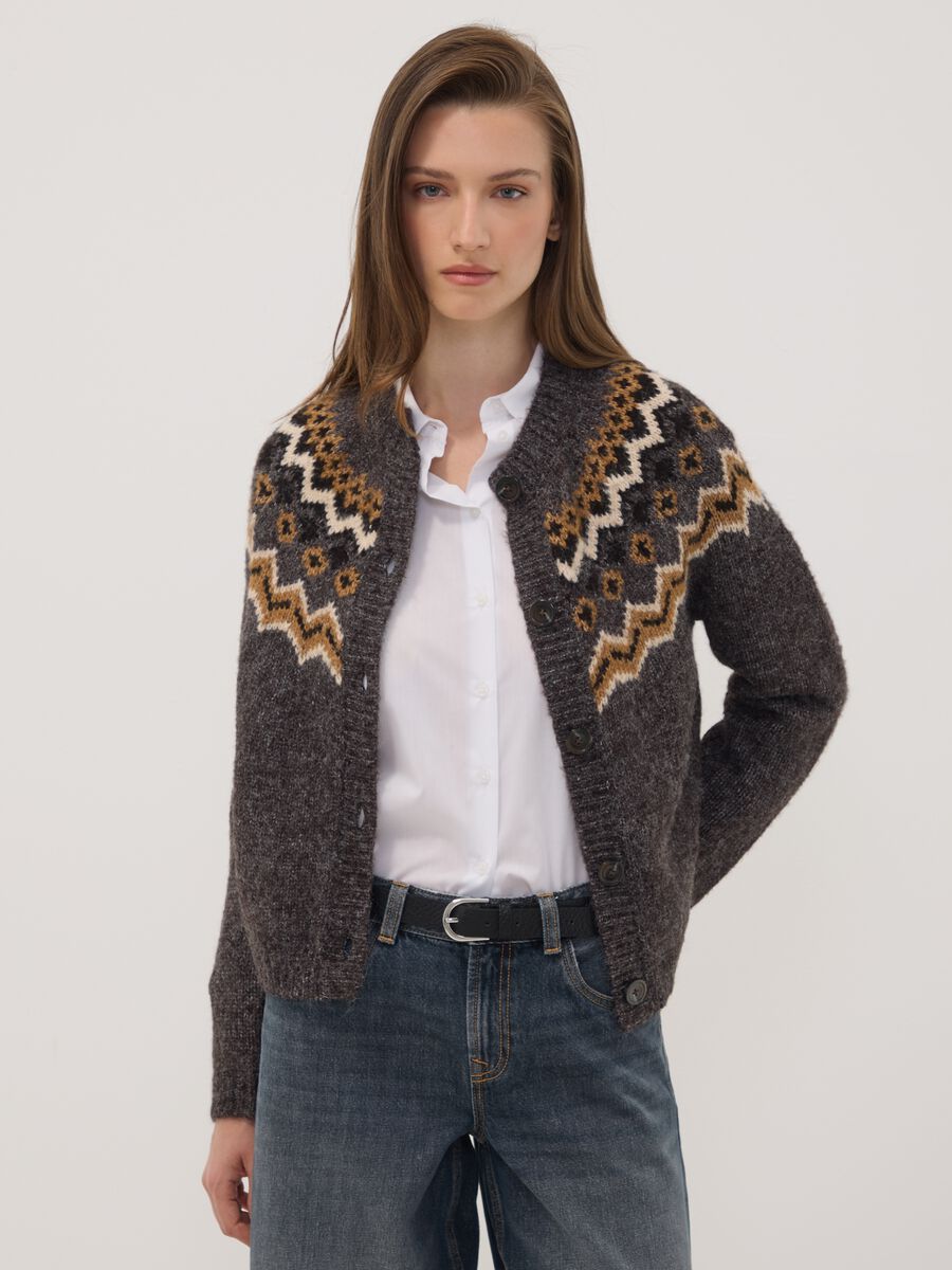 Grey crew-neck jacquard cardigan_0