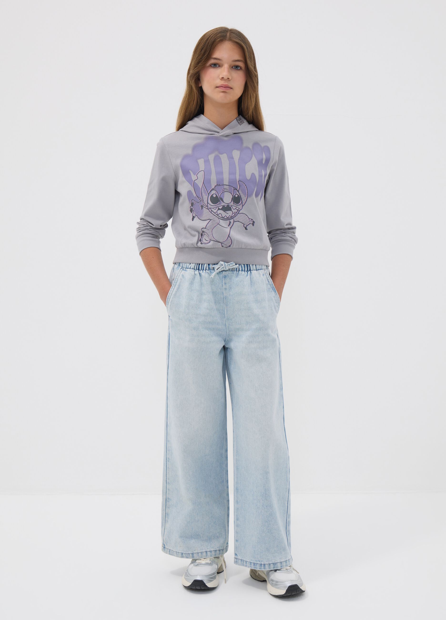 Light blue wide-leg jeans in cotton and viscose blend for girls