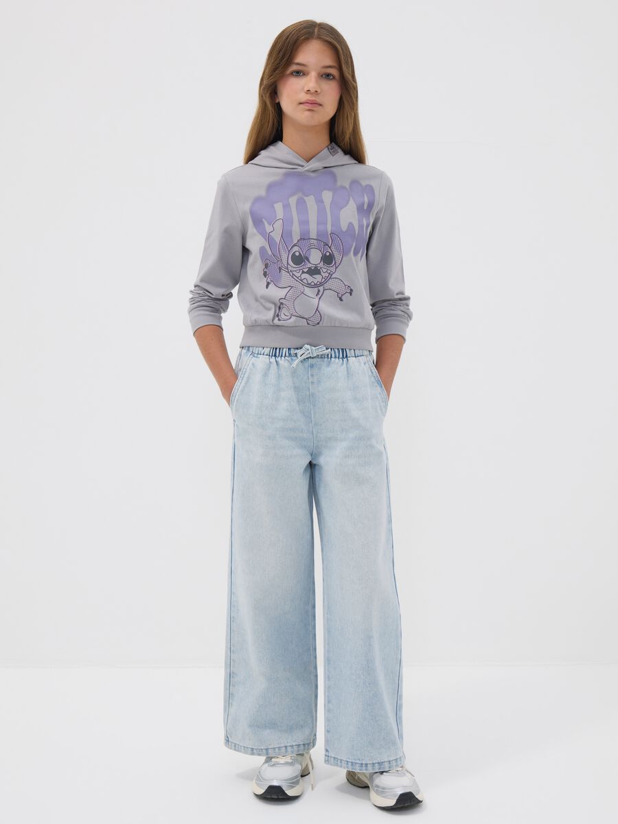 Light blue wide-leg jeans in cotton and viscose blend for girls_0