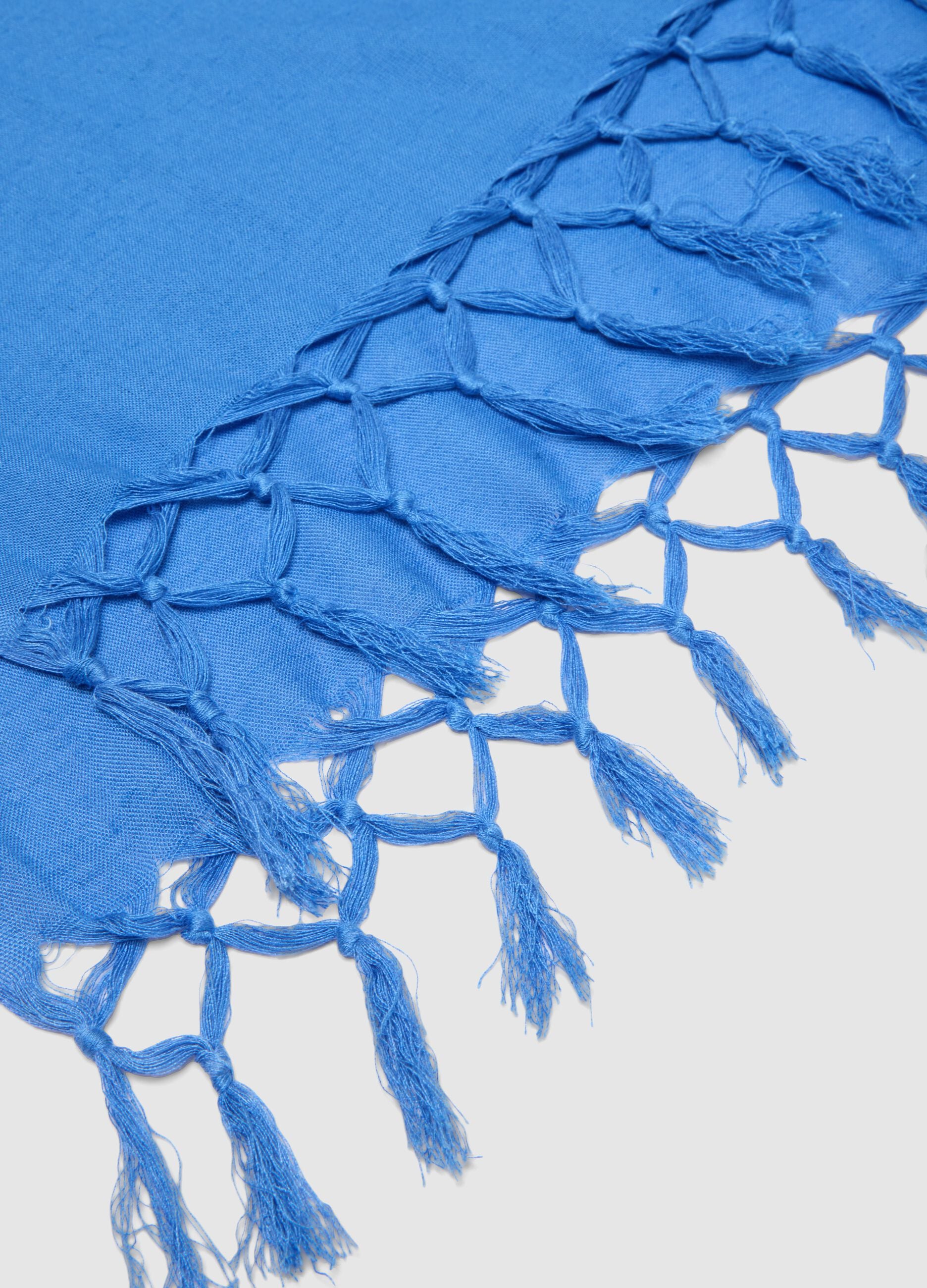 Blue Viscose and Linen Blend Scarf with Fringes
