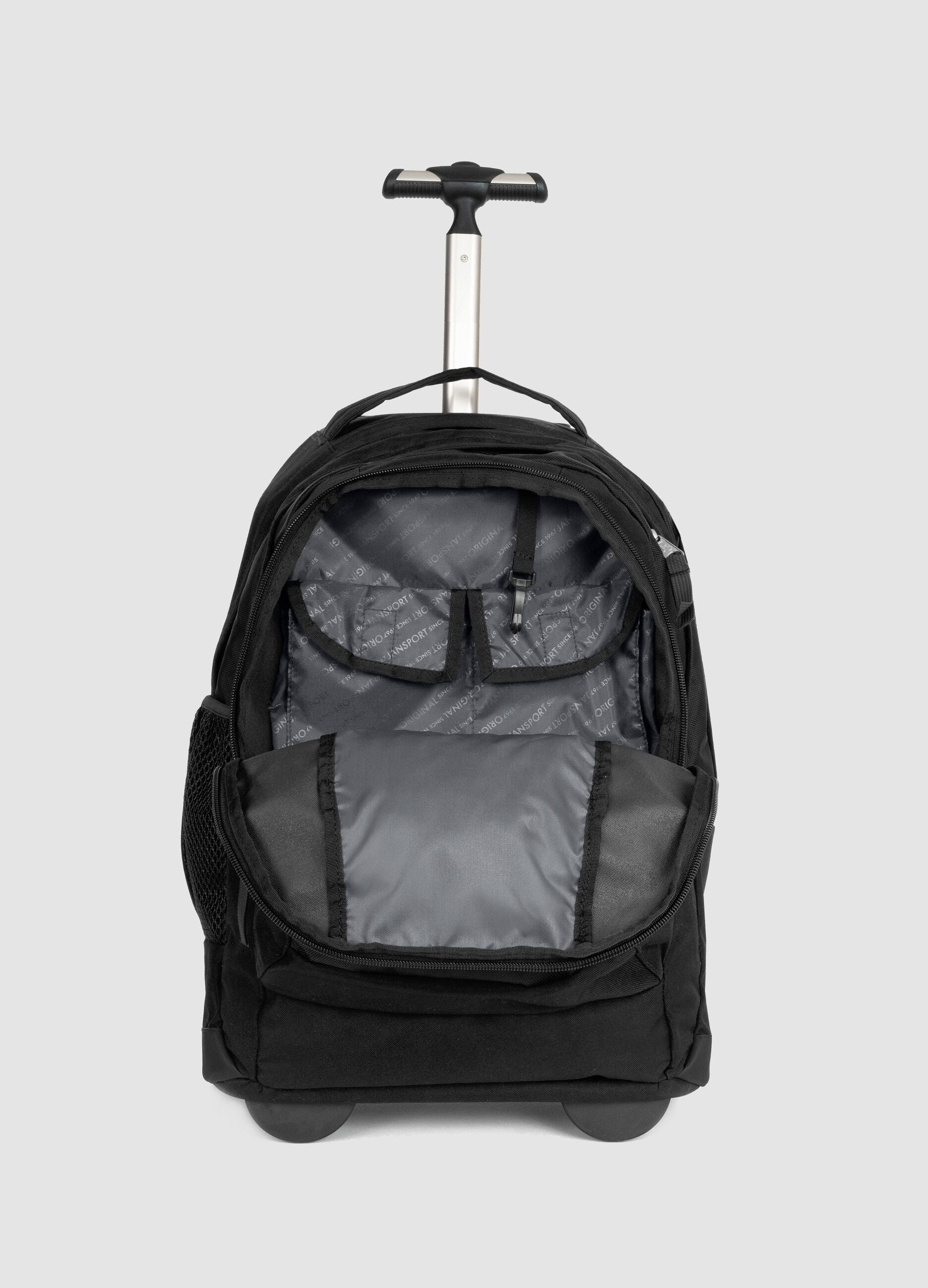 Black wheeled backpack with zip pockets
