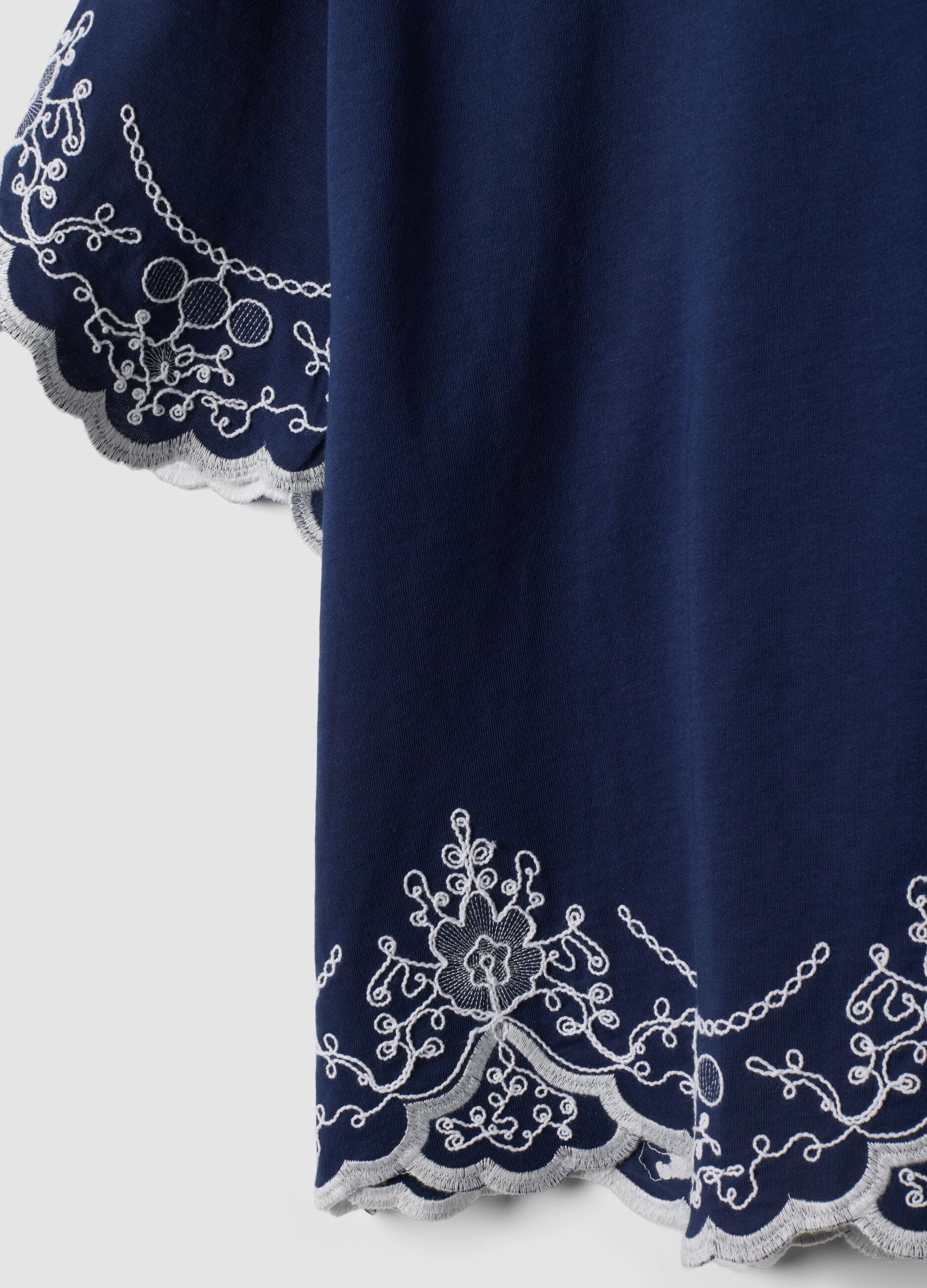 Blue pure cotton embroidered T-shirt, regular fit