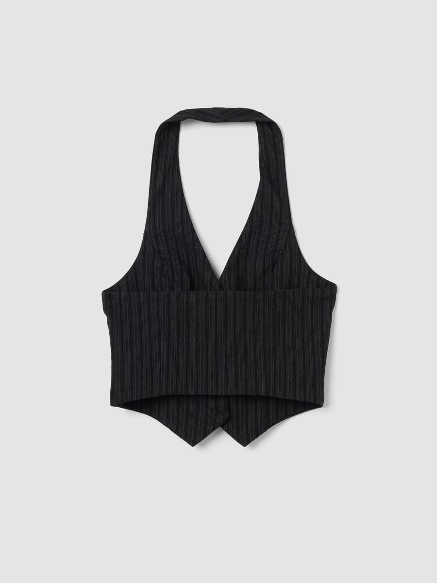 Black cropped vest in stretch striped viscose_5