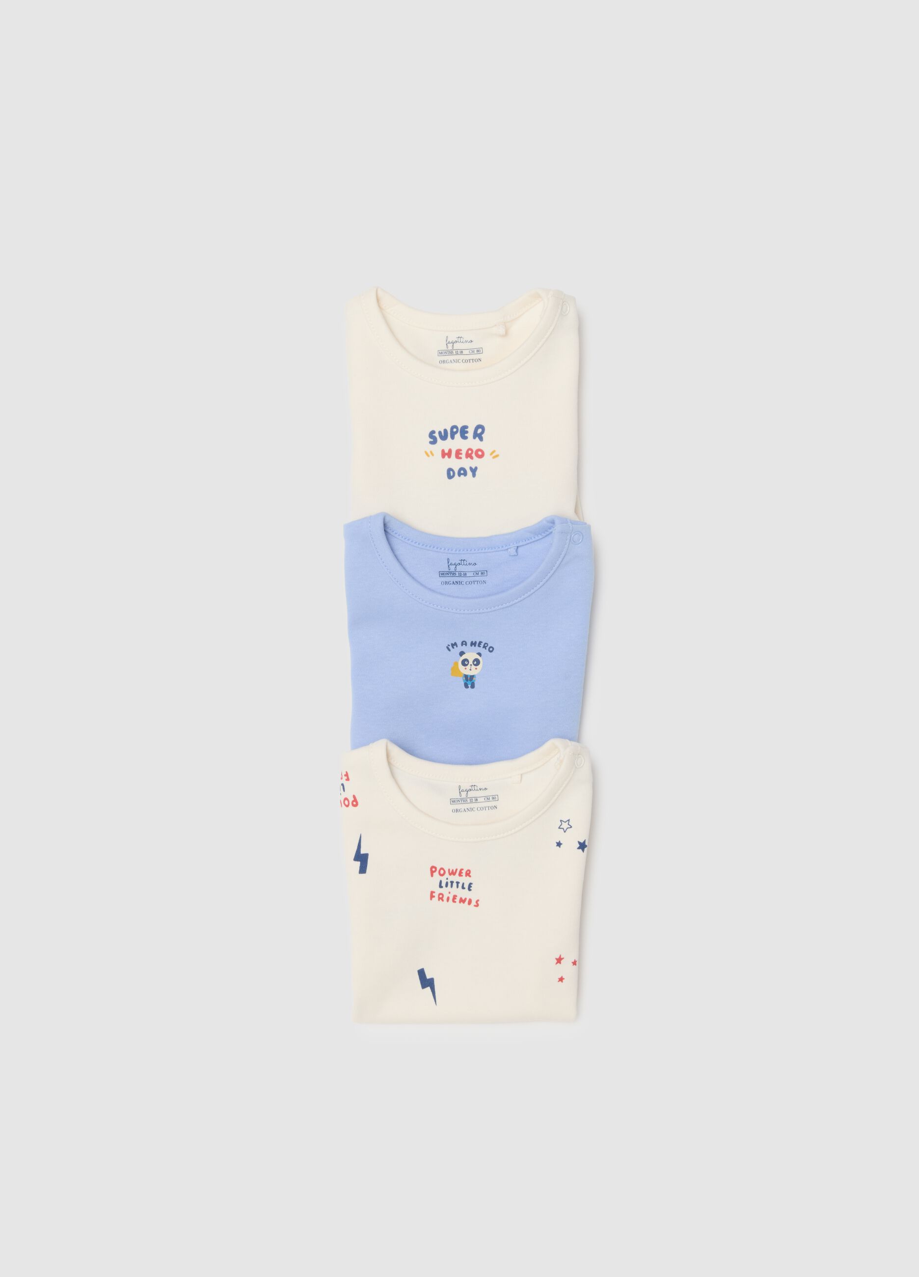 Multicoloured short-sleeve baby bodysuit tripack in pure cotton