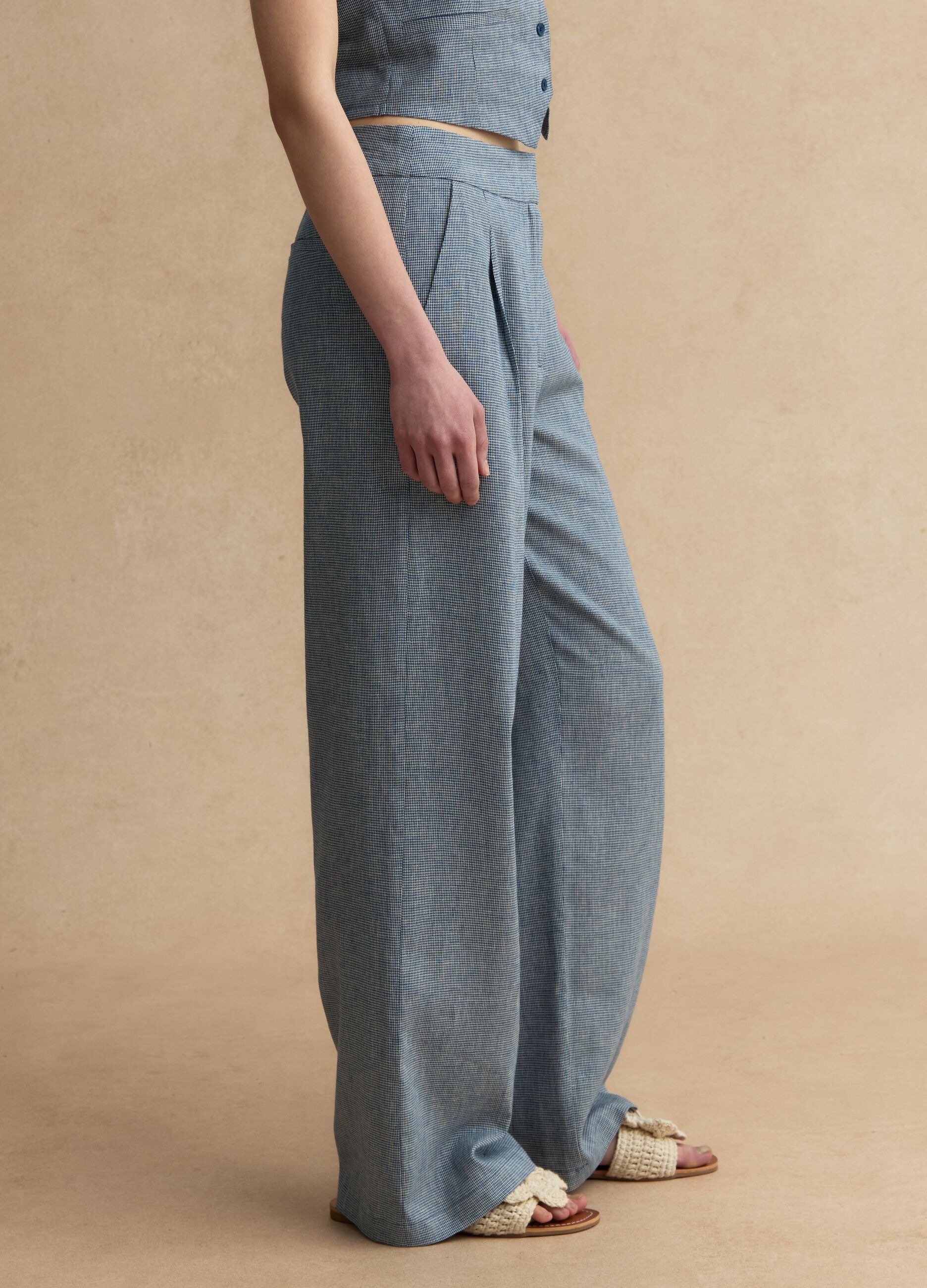 Linen-blend wide-leg trousers with blue and white micro-checks