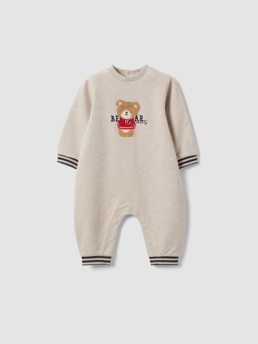 Beige organic cotton babygrow with teddy bear print for newborn_0