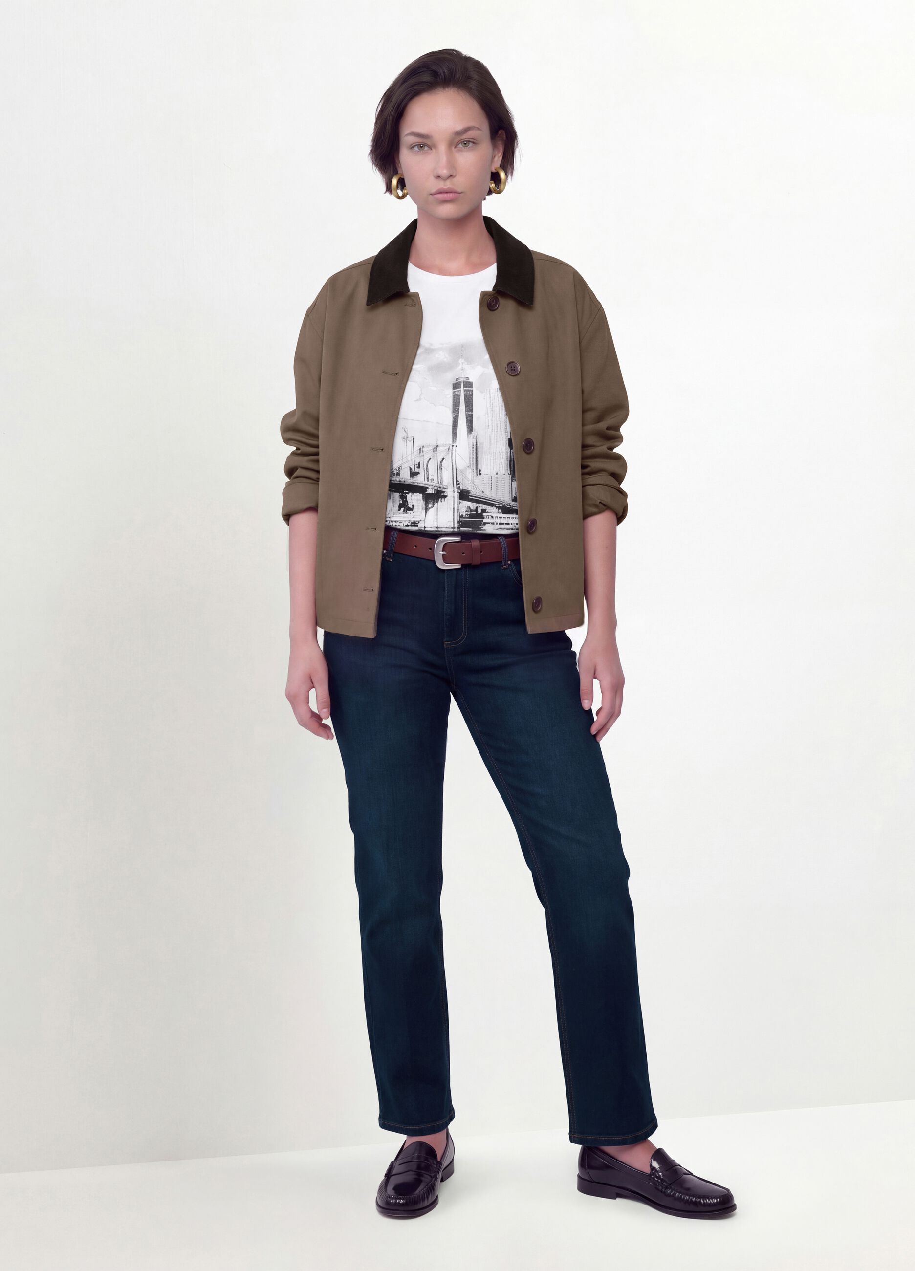 Brown pure cotton jacket with contrast collar, regular fit